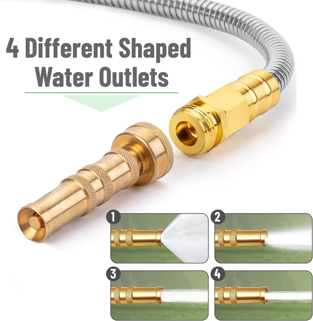 UNCO- Stainless Steel Metal Hose with 4 Function Brass Nozzle, 50 ft, No Kink, Metal Garden Hose