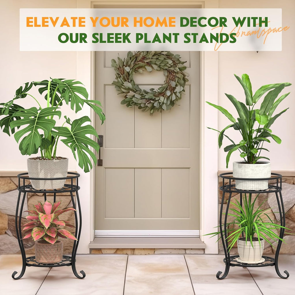 TOSKING 2-Tier & 9.1'' Single Metal Plant Stand Set,Indoor/Outdoor,Black | Single Stand with Adjustable Leveling Feet