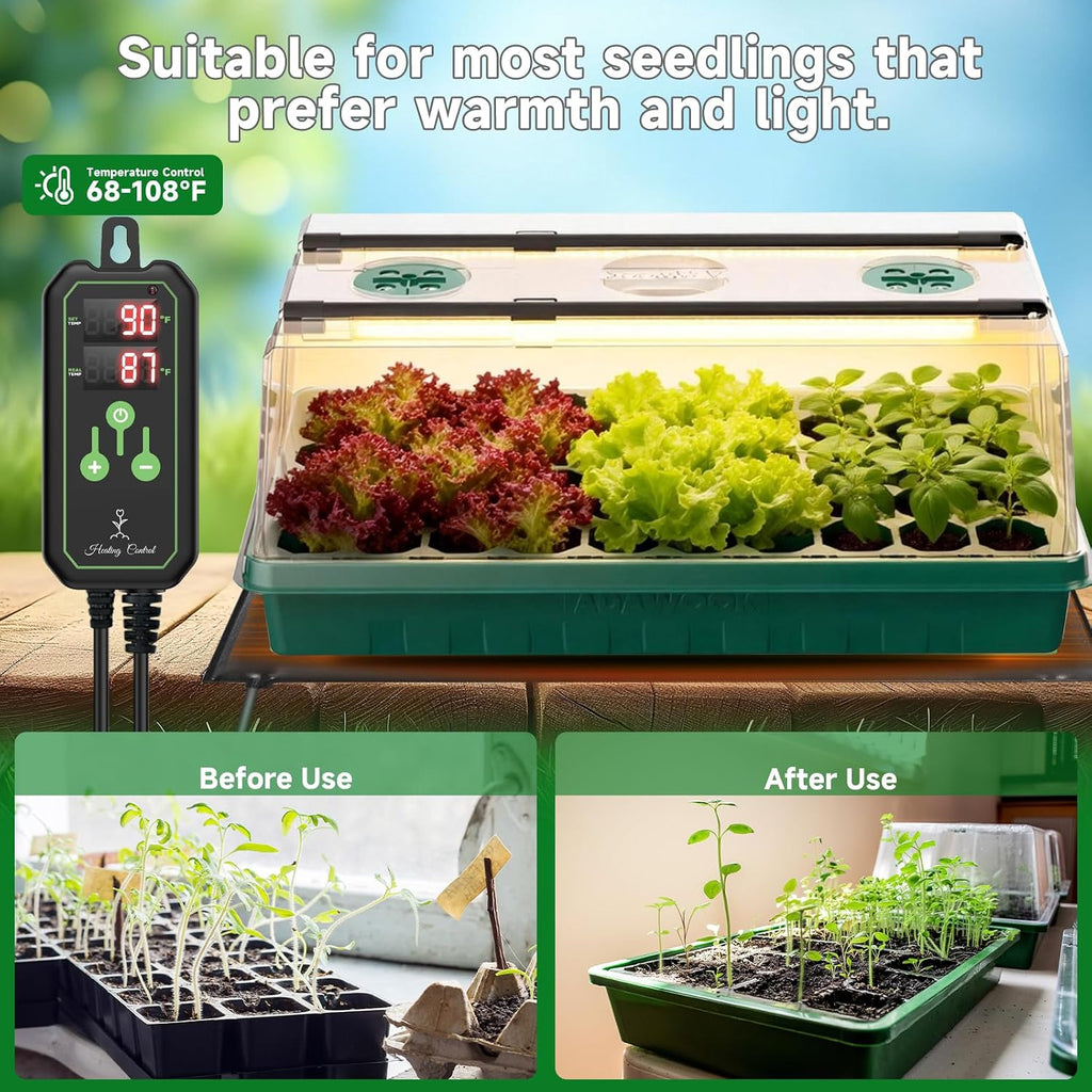 Seed Starter Tray with Grow Light and Thermostat Controller Heat Mat, 10"x 20.75" Heat Mats for Plant Growing，68-113°F