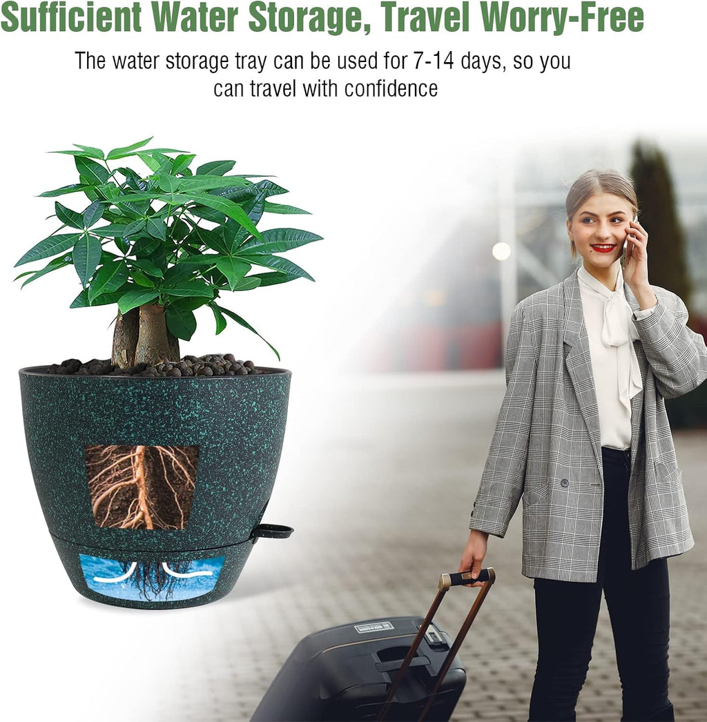 UOUZ 12 inch Large Self Watering Pots, Plastic Planters with 60oZ Removable Deep Reservoir and Multi Mesh Drainage