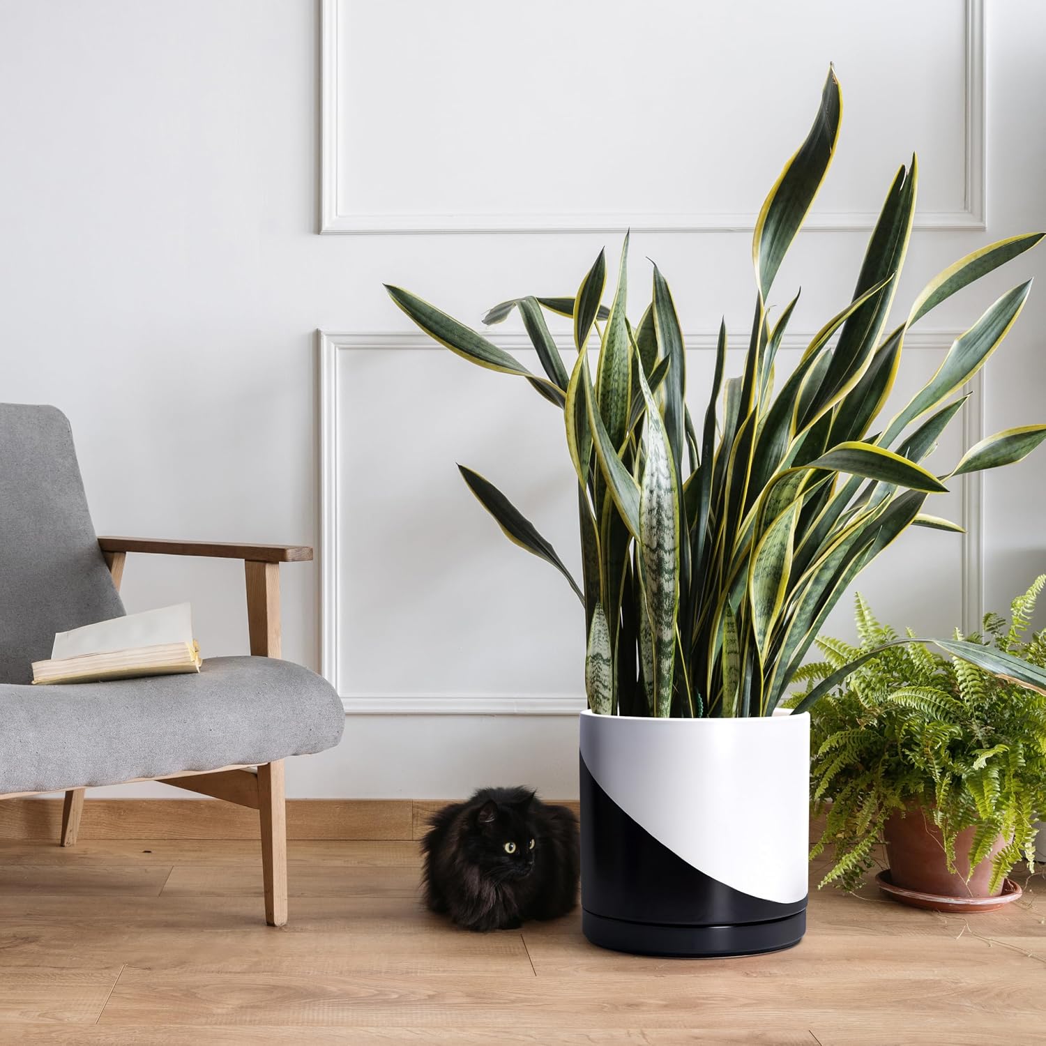 D'vine Dev 12 Inch Ceramic Planter Pot, Black White Diagonal, 94-O-F-K | Modern Cylinder Design, Drainage Hole & Saucer