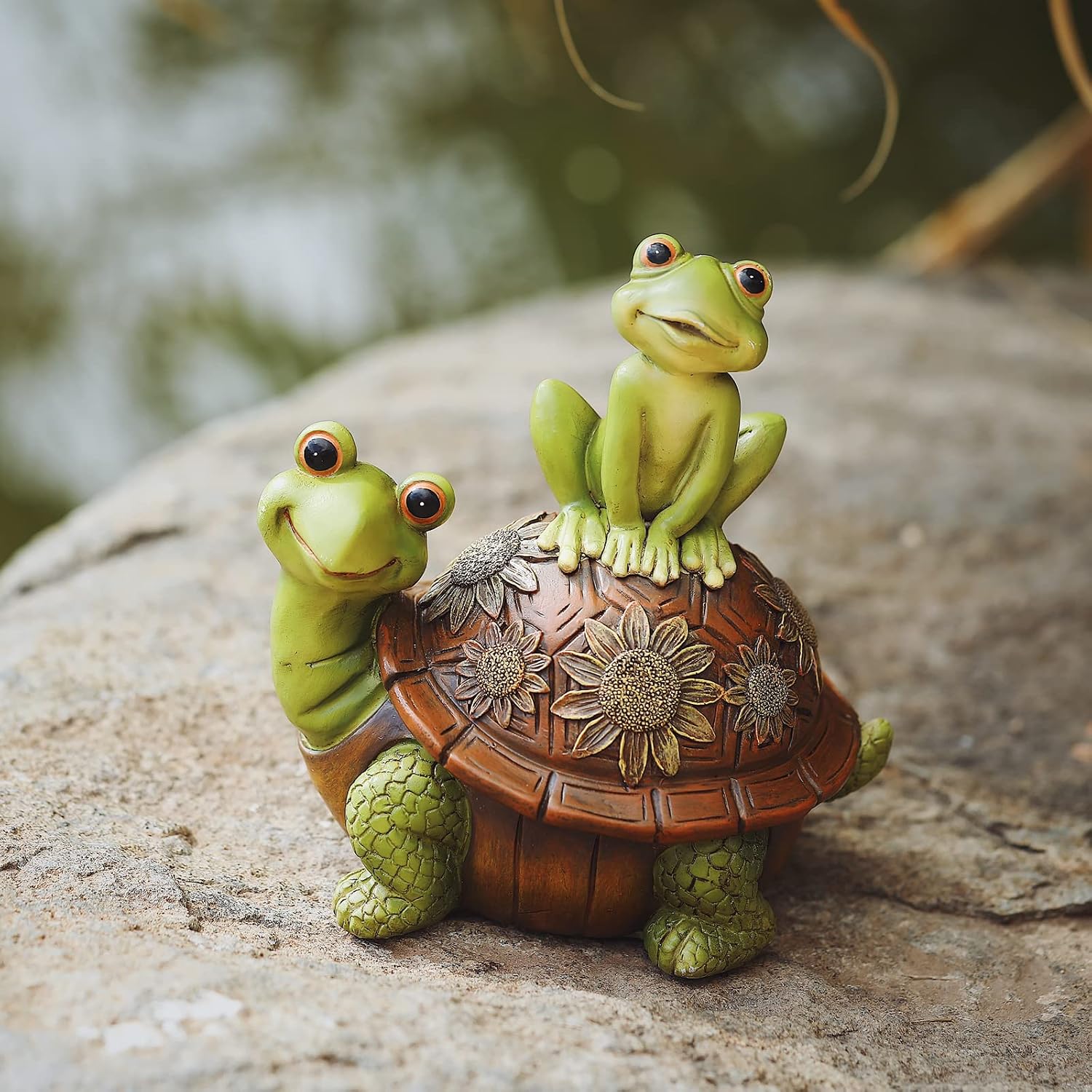Resin Frog and Tortoise Garden Statue, Green Frog Tortoise Figure for Outdoor Decor Yard and Garden Decoration Resin