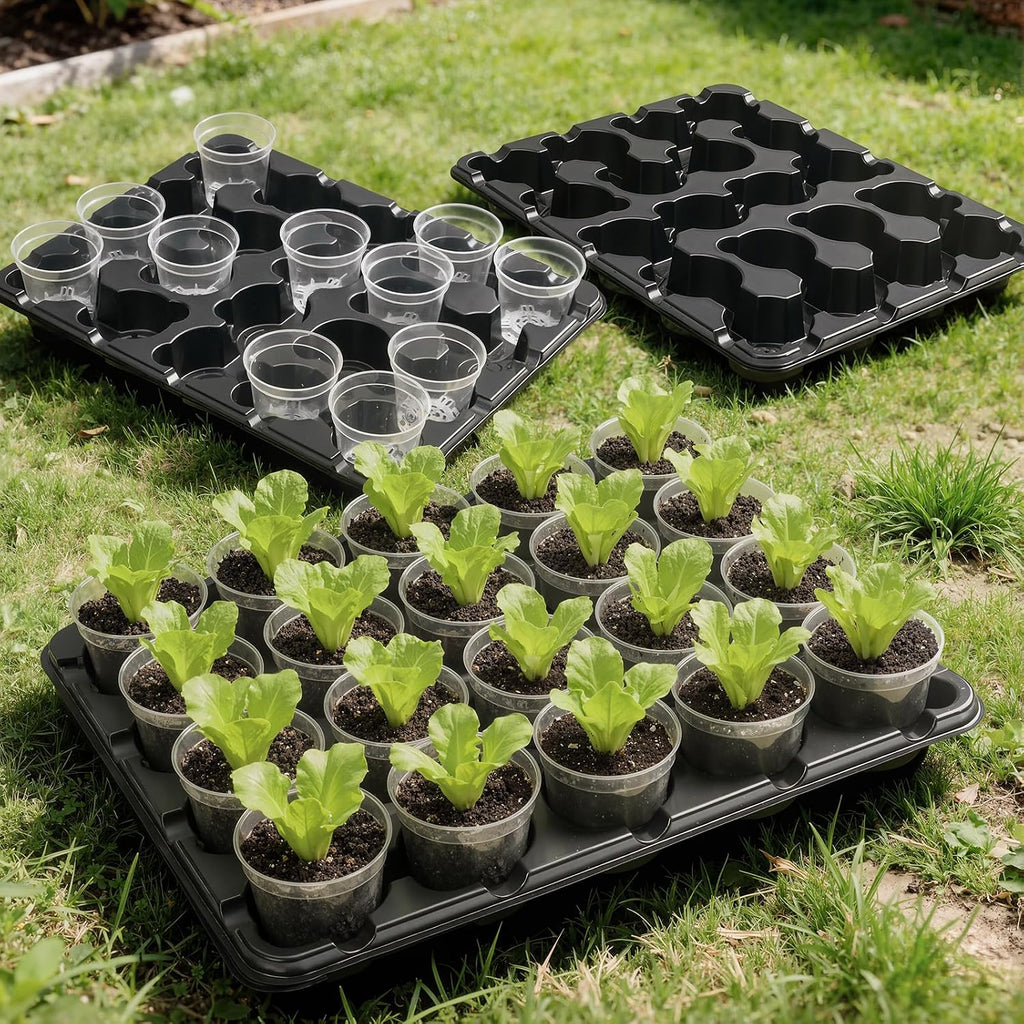 2 Pack 20 Cell Seed Starting Trays with 40 Clear 3 Inch Plant Pots | Reusable thick wall trays with raised bases