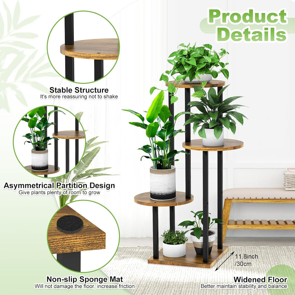 4 Tier Wood Tall Plant Stand Metal Rack Indoor, Multiple Flower Pot Holder Shelves Corner Rack, Round Planter Shelf