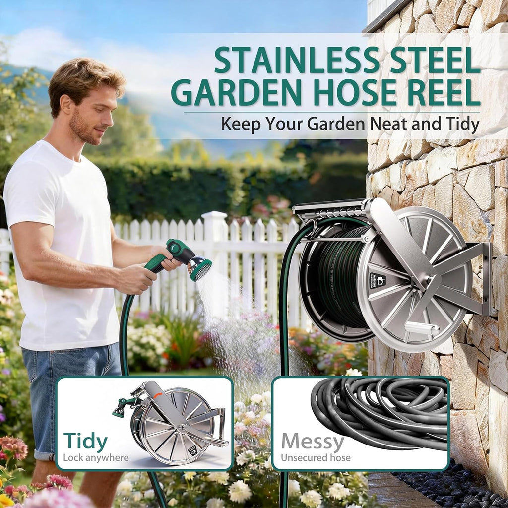 Stainless Steel Garden Hose Reel Heavy Duty, Wall Mount Water Hose Holder, 150 Feet of 5/8 Inch Hoses Capacity, Hose