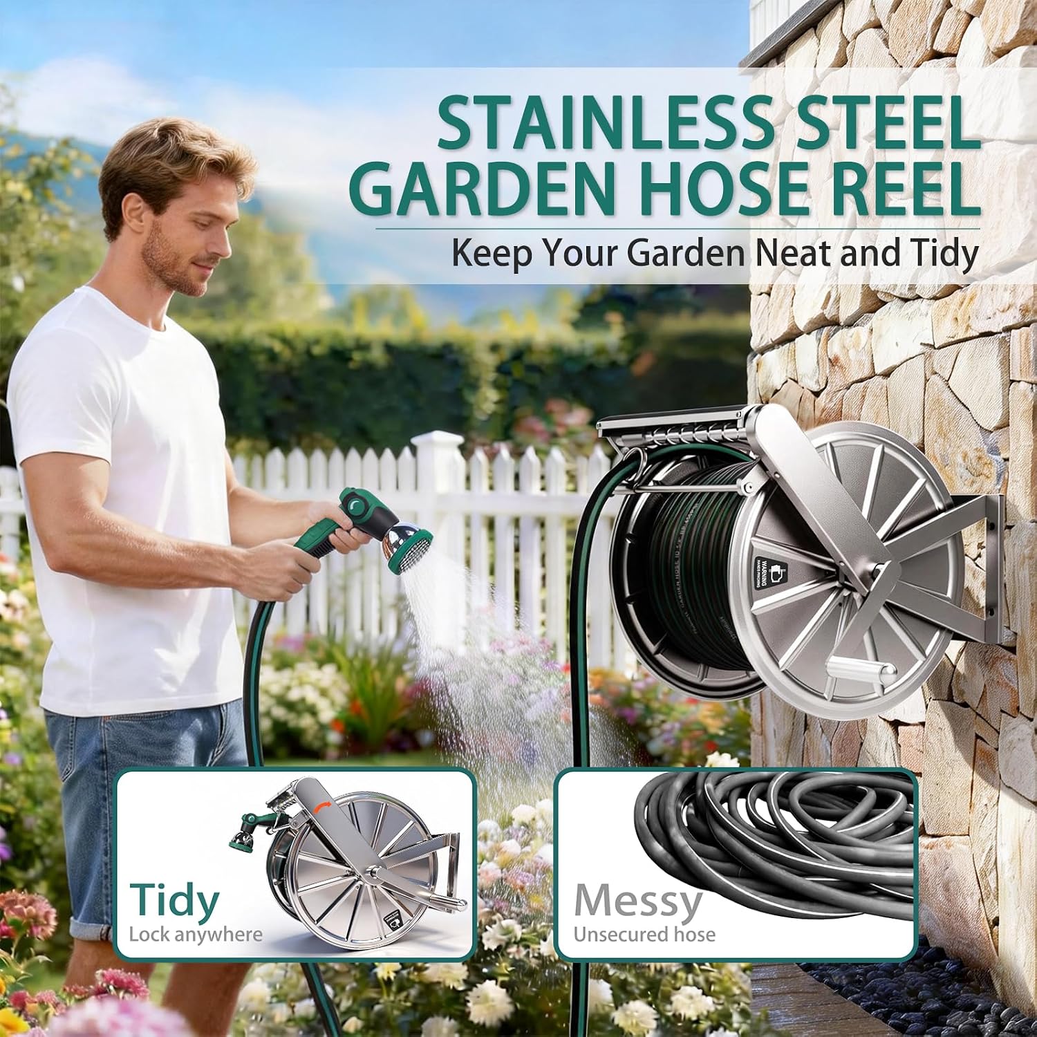 Stainless Steel Garden Hose Reel Heavy Duty, Wall Mount Water Hose Holder, 150 Feet of 5/8 Inch Hoses Capacity, Hose