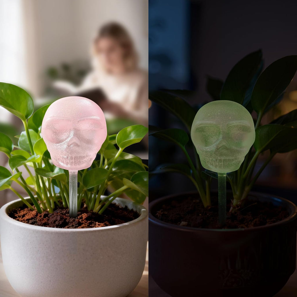 Soilagua 10 oz Glow-in-The-Dark Smiling Cute Skull Glass Plant Watering Globes, Halloween Goth Water Bulbs, Gothic