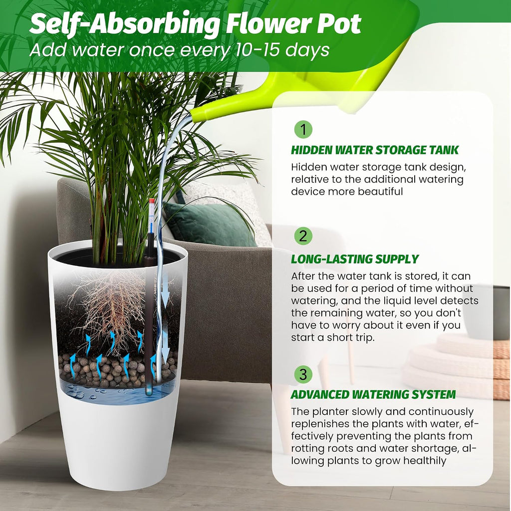22" Tall Planter Set of 2, Self Watering Pots, Large Planter for Outdoor | Built-in Drainage and a Water Level Monitor