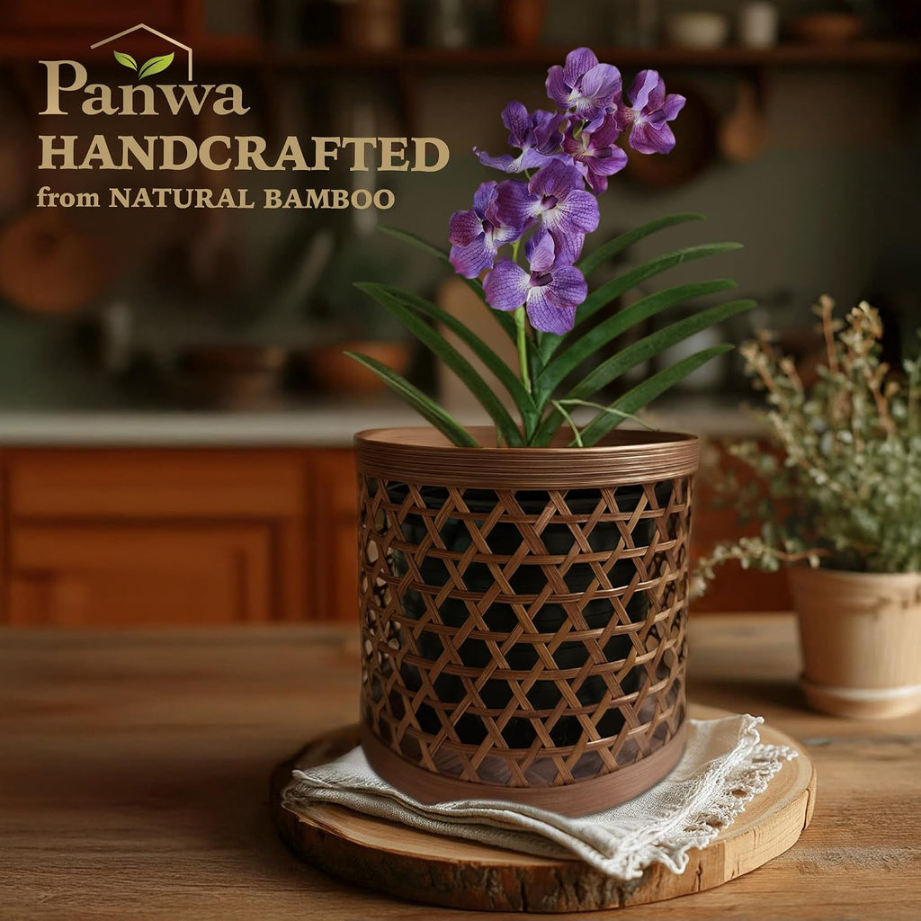 Handcrafted Bamboo Tabletop Decorative Plant Pot Covers - Multi Set of 3 – for Indoor Plants, Orchids, Succulents –
