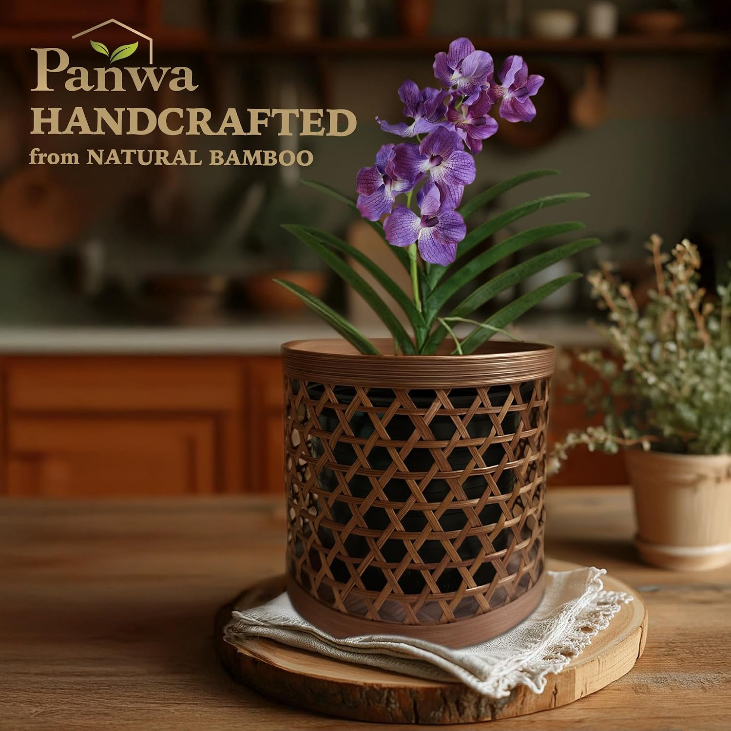 Handcrafted Bamboo Tabletop Decorative Plant Pot Covers - Multi Set of 3 – for Indoor Plants, Orchids, Succulents –