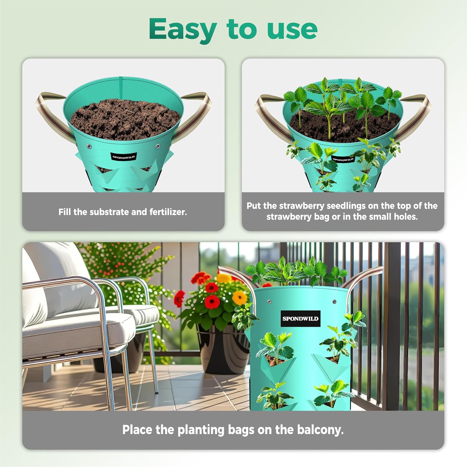 3 Pack 10 Gallon Strawberry Planter Bags with Breathable Windows | Plastic Planting Containers with 2 Handles