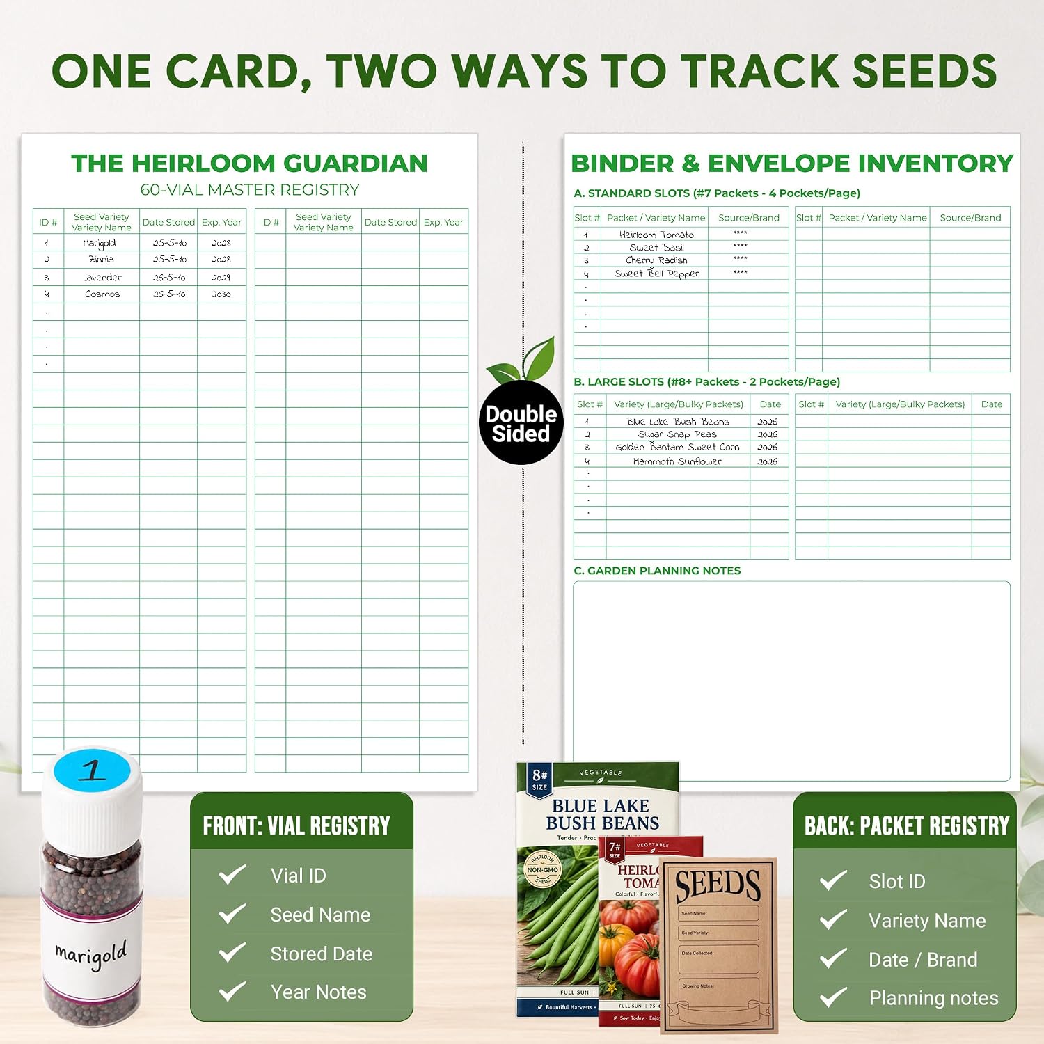 Volitaous 60-Slot Seed Storage Organizer Box with Seed Binder | Seed Containers Storage & Tracking, with 30-Pockets