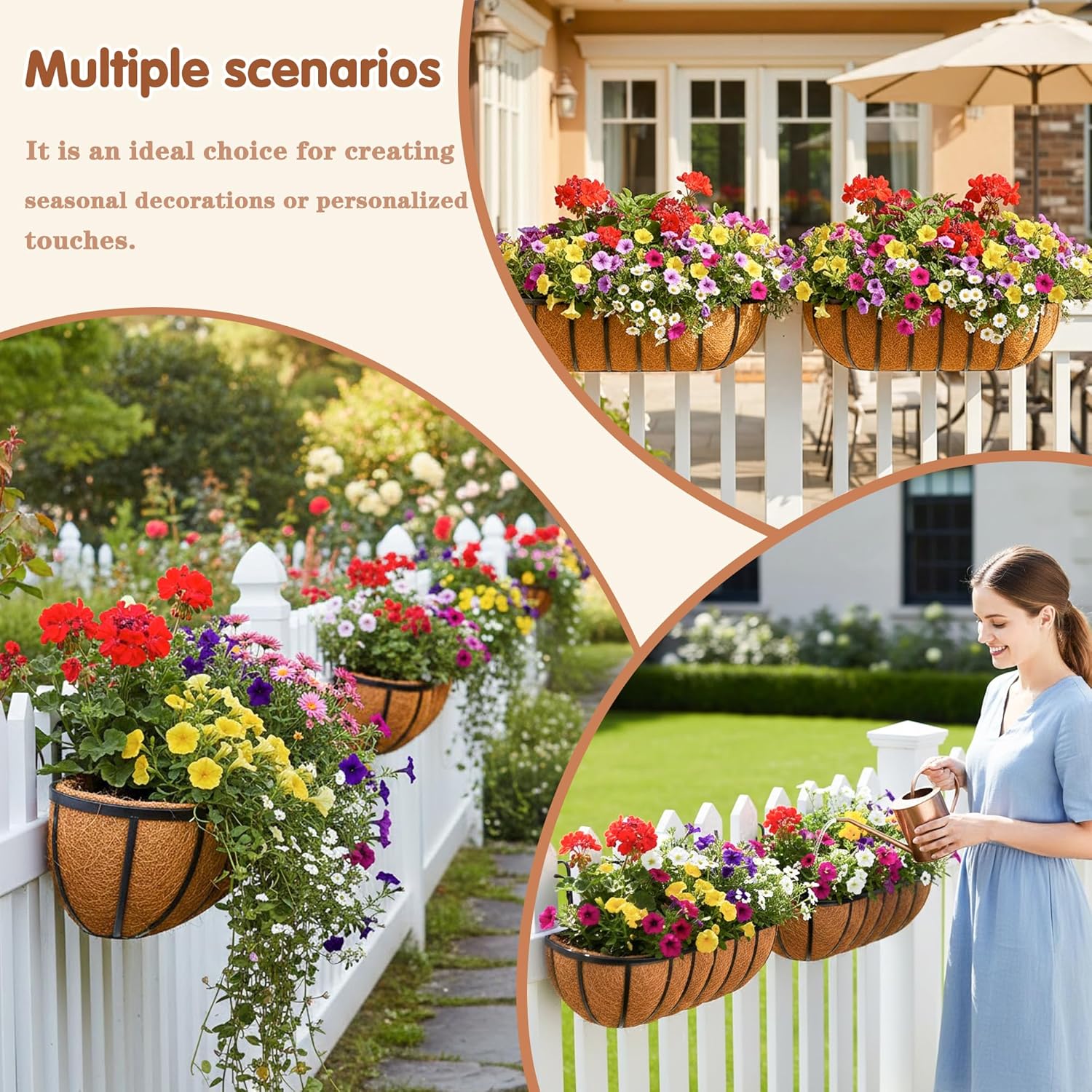 2 Pcs 24“ Railing Planter Window Box Deck Railing Planter Boxes with Coco Liner English Horse Trough Planters Metal