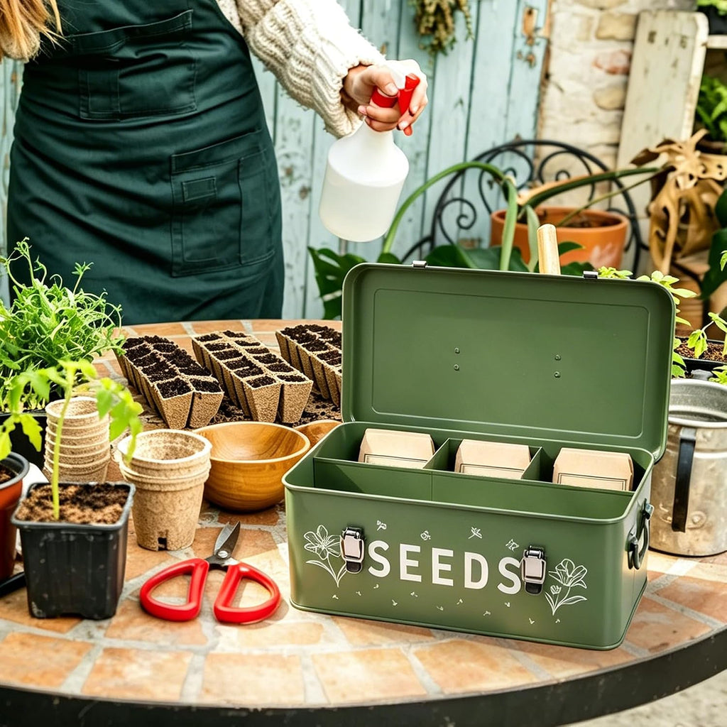 Seed Storage Organizer Box with 4 Compartments, Metal Seed Saving Container with Lockable Lid and Safety Locks