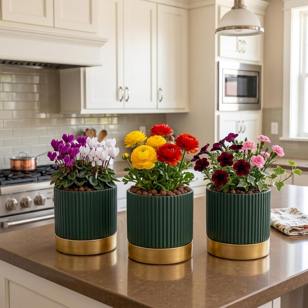 3-Pcs 4 Inch Cement Planters Set - Vintage Ribbed Flower Pots with Gold Rim and Drainage Holes, Modern Ceramic