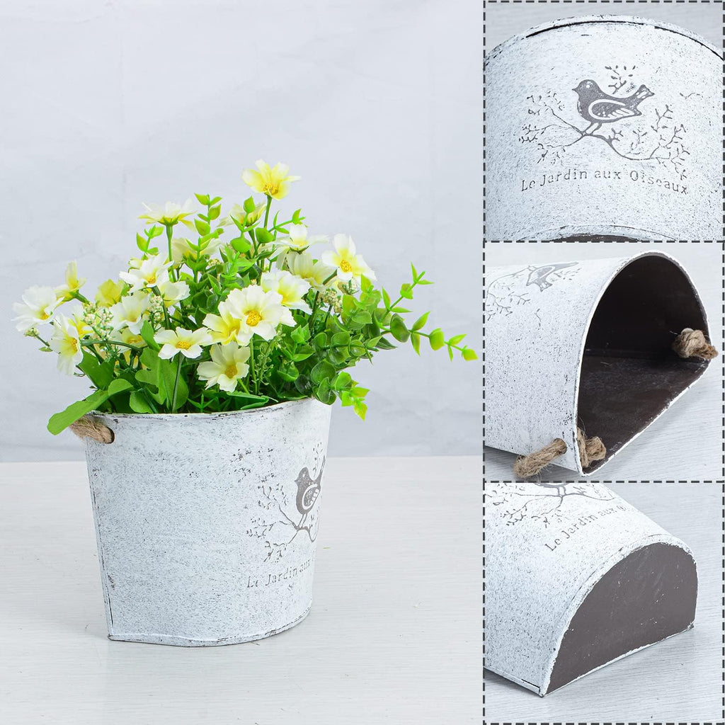 XONOR 4Pcs Galvanized Metal Wall Planter- Wall Hanging Bucket Vintage Rustic Flowers Vase Planter Holder with Rope for