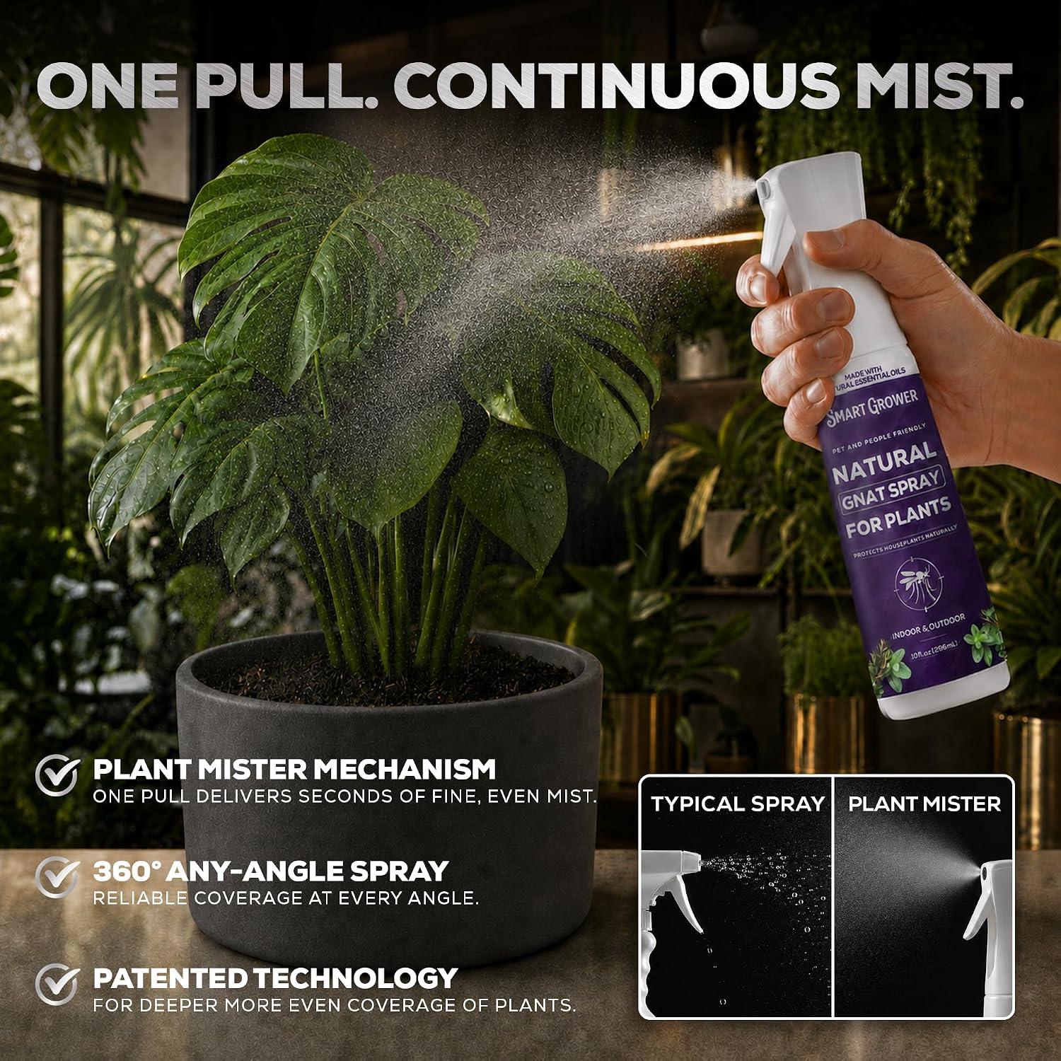 Natural Gnat Spray for Plants, Continuous Fine Mist, 10oz | Fungus Gnat Killer, Refillable, with Essential Oil Formula