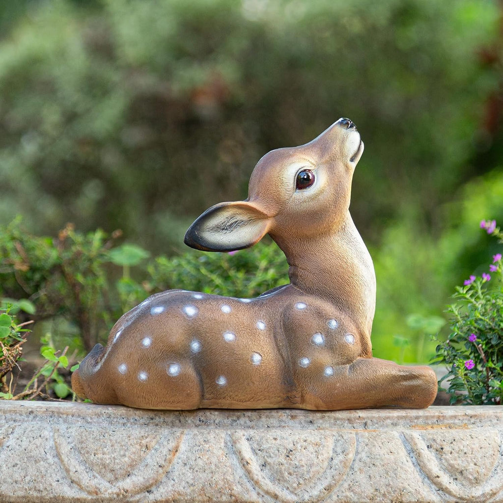 Deer Garden Statue, Outdoor Decorative Sculpture Brown with White Spots, 8.2 x 9.45 x 5.1 inches Yard Lawn Decor Deep