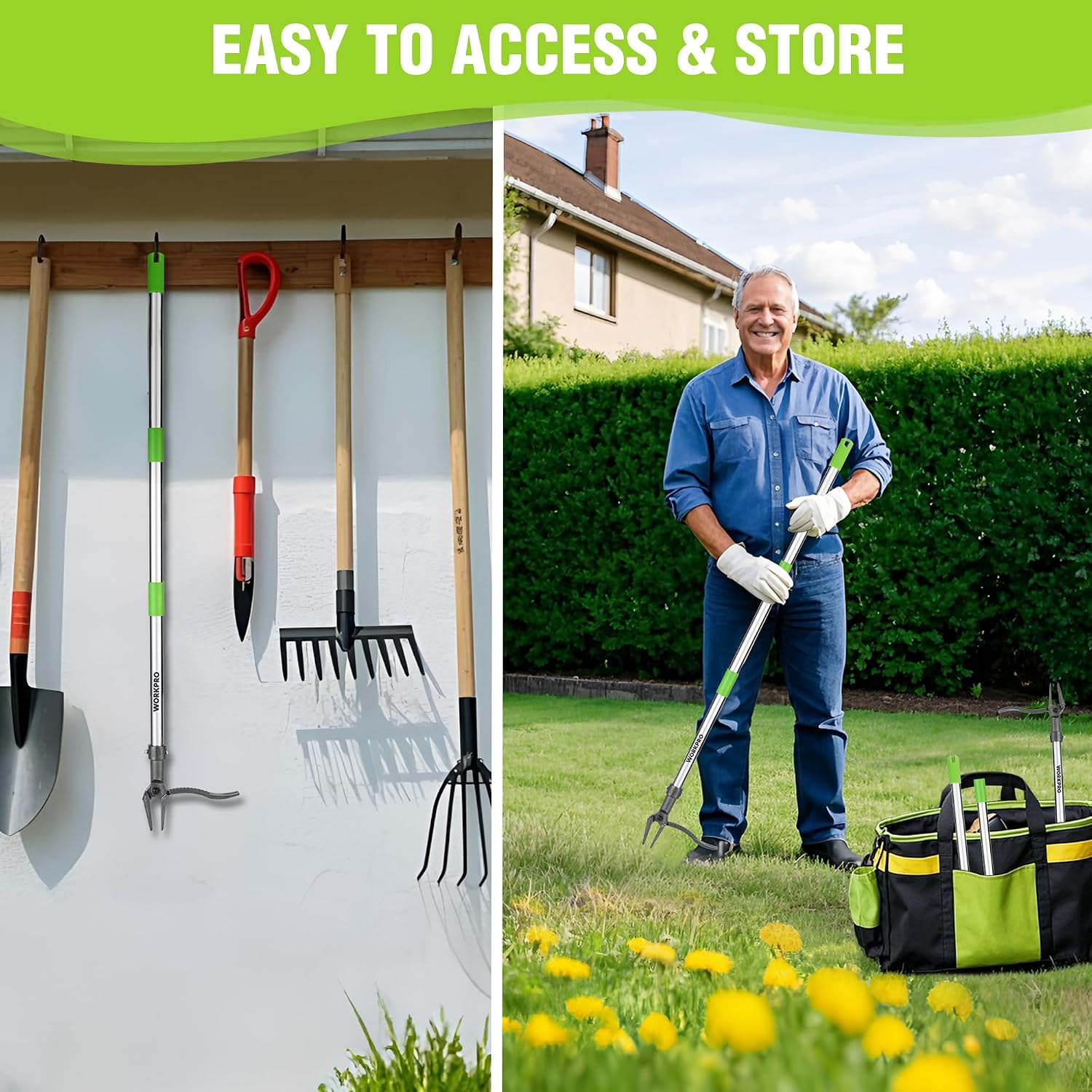 WORKPRO Weed Puller Tool with Long Adjustable Handle (33", 46") | Stand Up Weed Remover- 4 Claw Steel Head & Foot Pedal