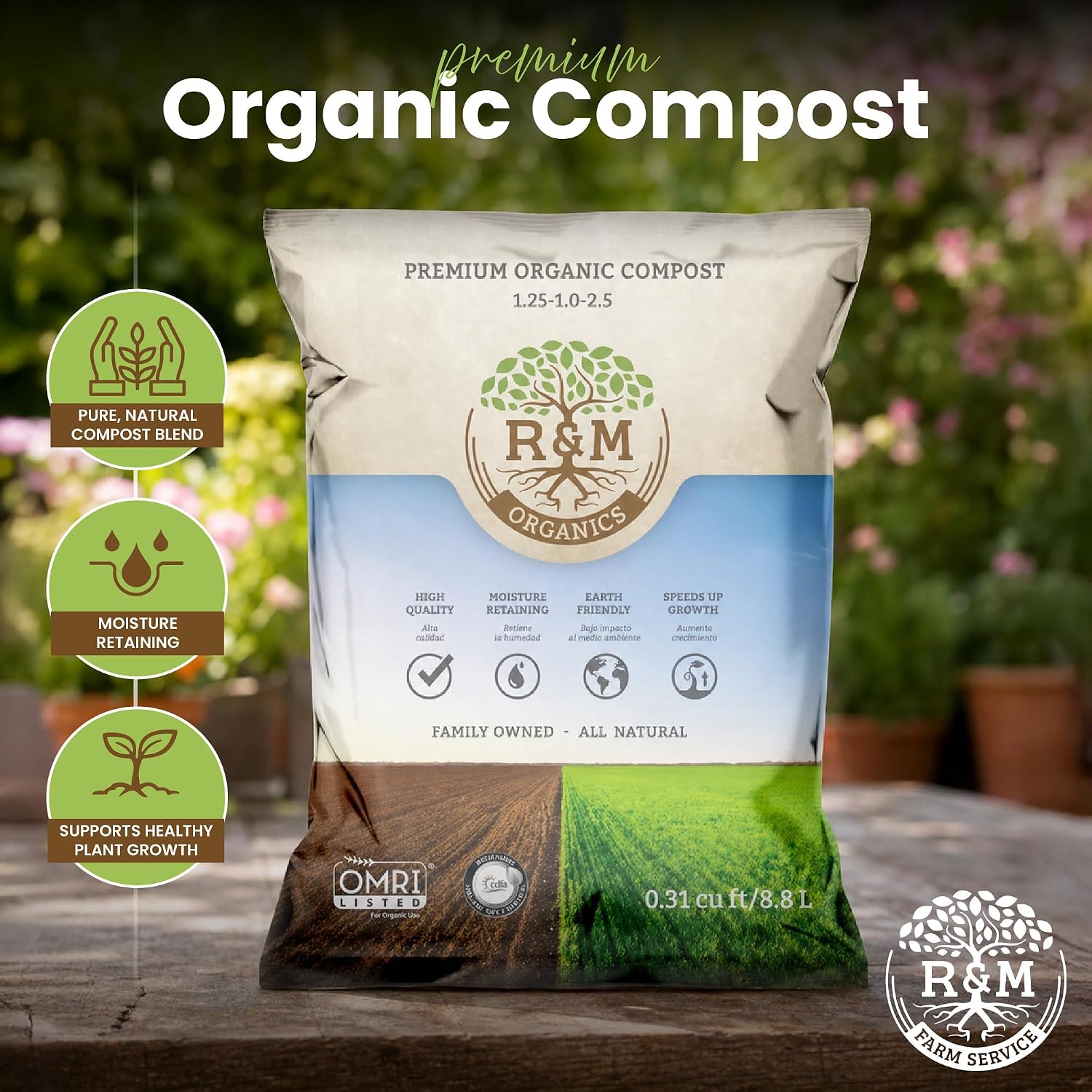 R&M Organics Compost Soil Amendment Fertilizer for Garden Plants & Lawns | 10 lb manure based retains moisture low-odor