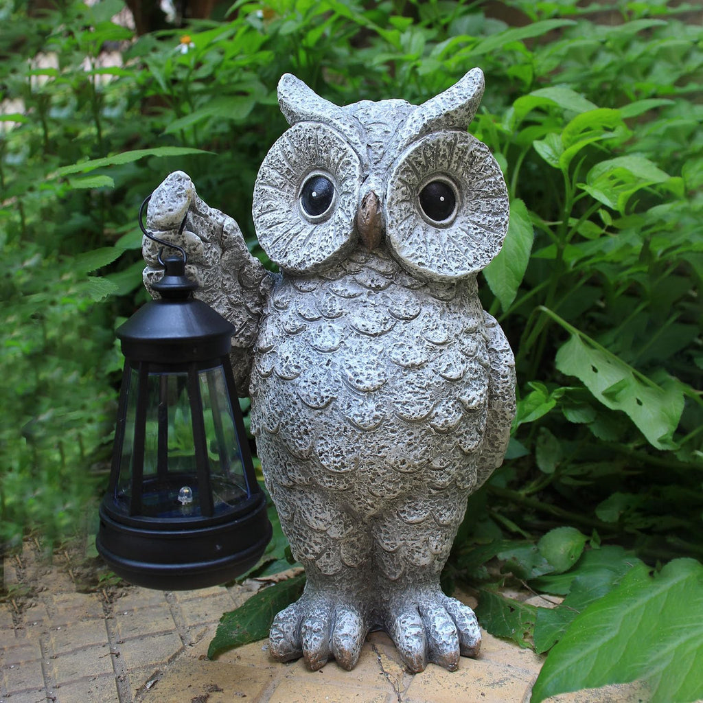 Solar Owl Garden Statue with LED Lantern, Waterproof Outdoor Resin Figurine (Grey Owl)