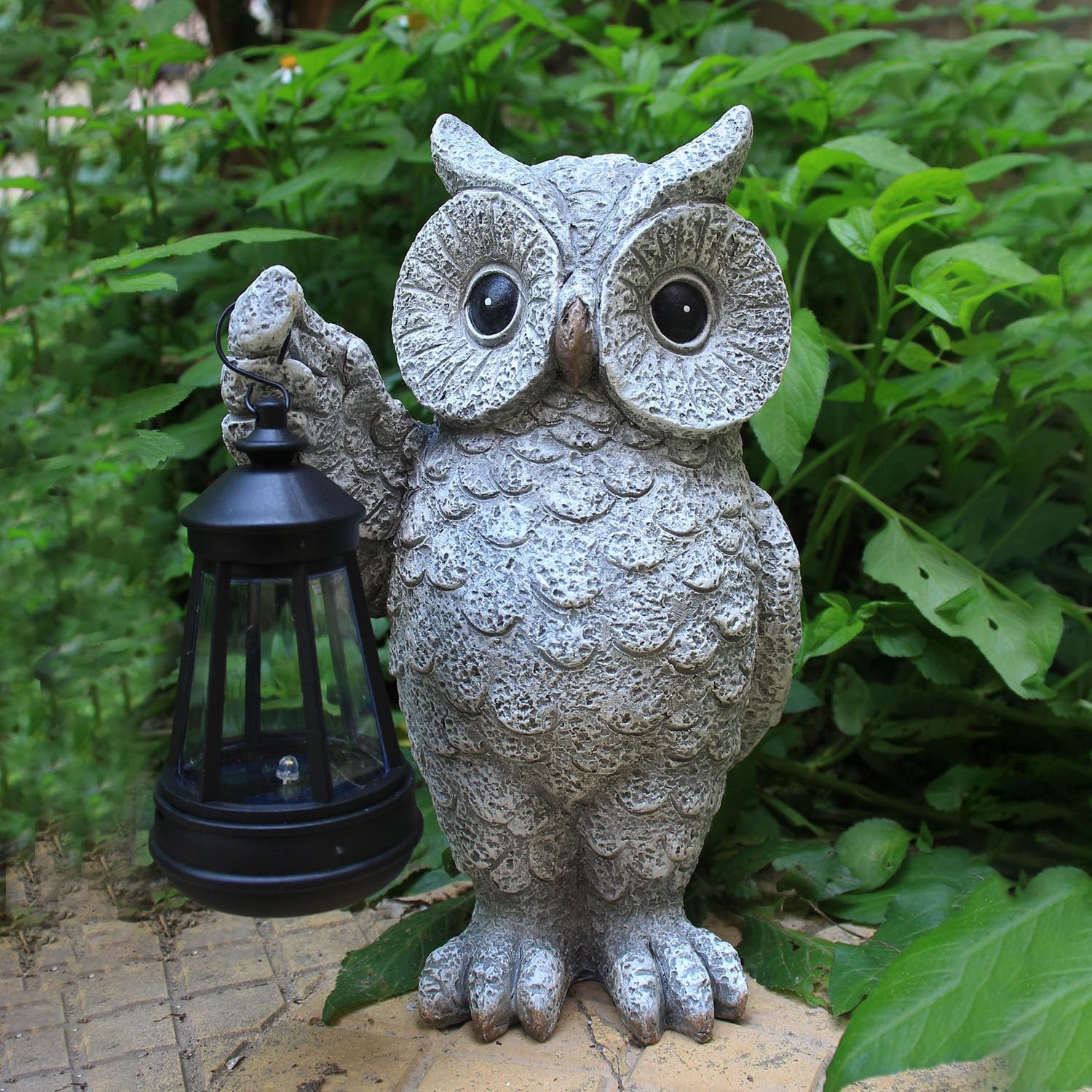 Solar Owl Garden Statue with LED Lantern, Waterproof Outdoor Resin Figurine (Grey Owl)