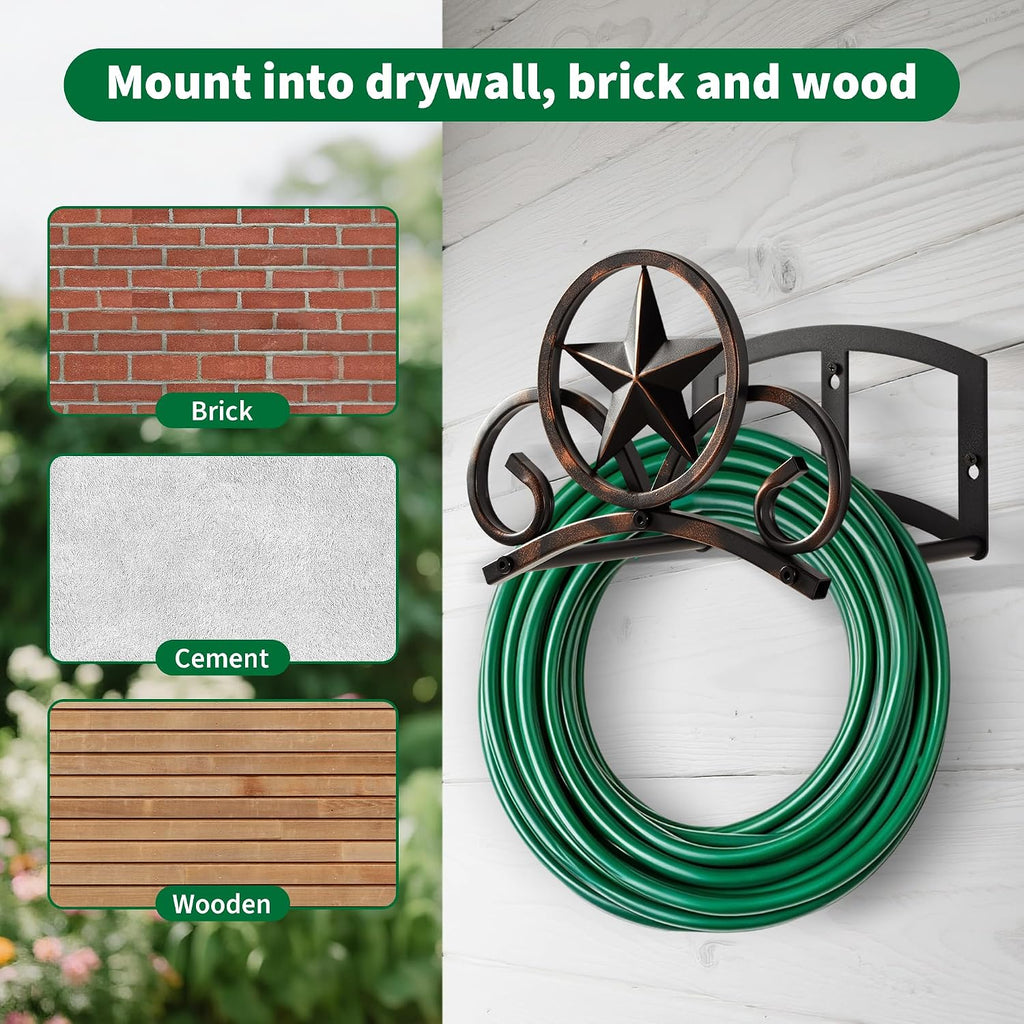 Garden Hose Holder Wall Mounted Decorative, Heavy Duty Metal Hose Hanger for Outside, Sturdy Water Hose Rack Holds