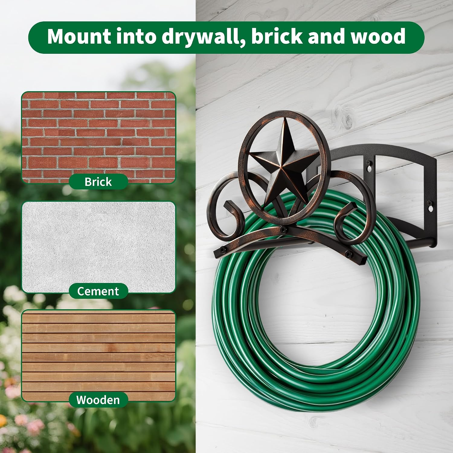 Garden Hose Holder Wall Mounted Decorative, Heavy Duty Metal Hose Hanger for Outside, Sturdy Water Hose Rack Holds
