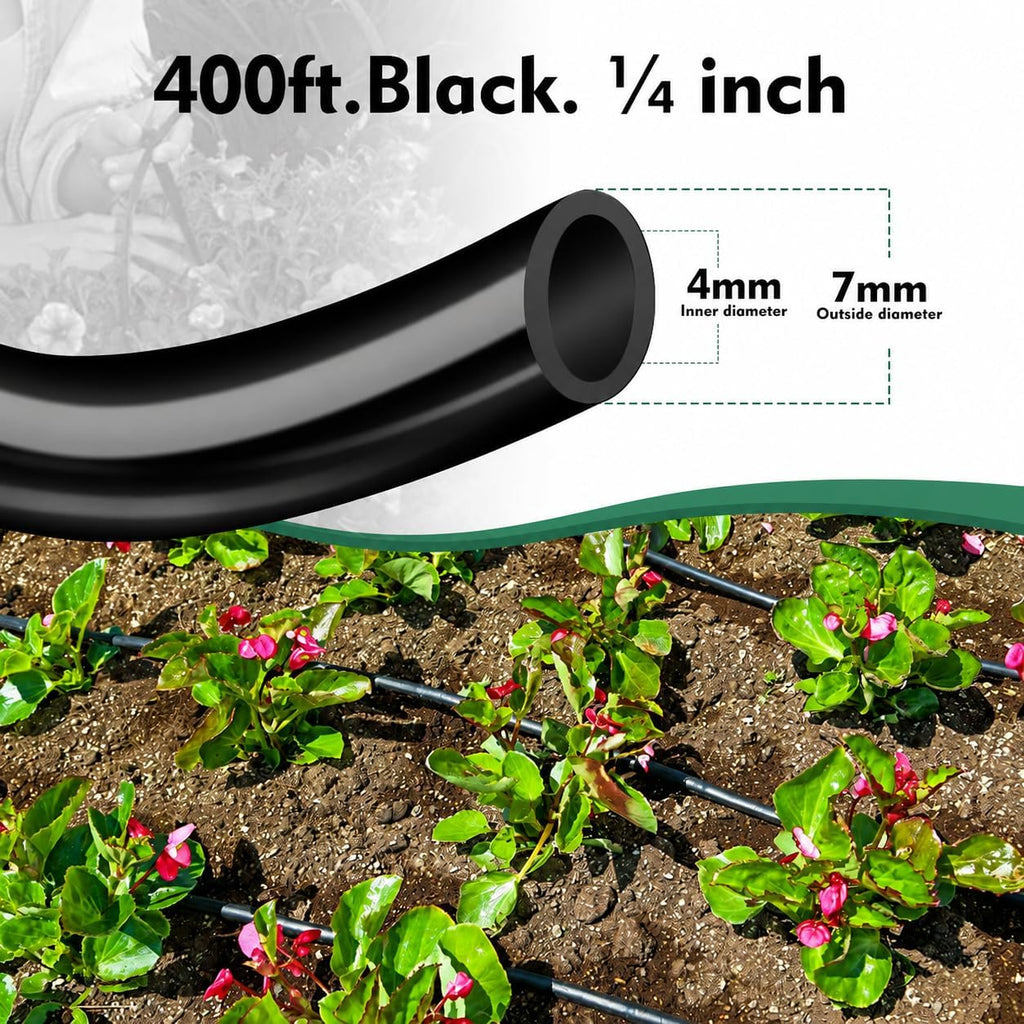 400FT 1/4” Drip Irrigation Tubing, 0.17” ID x 0.25” OD, Black | Durable UV-Resistant Hose, Compatible with 1/4" Barbed
