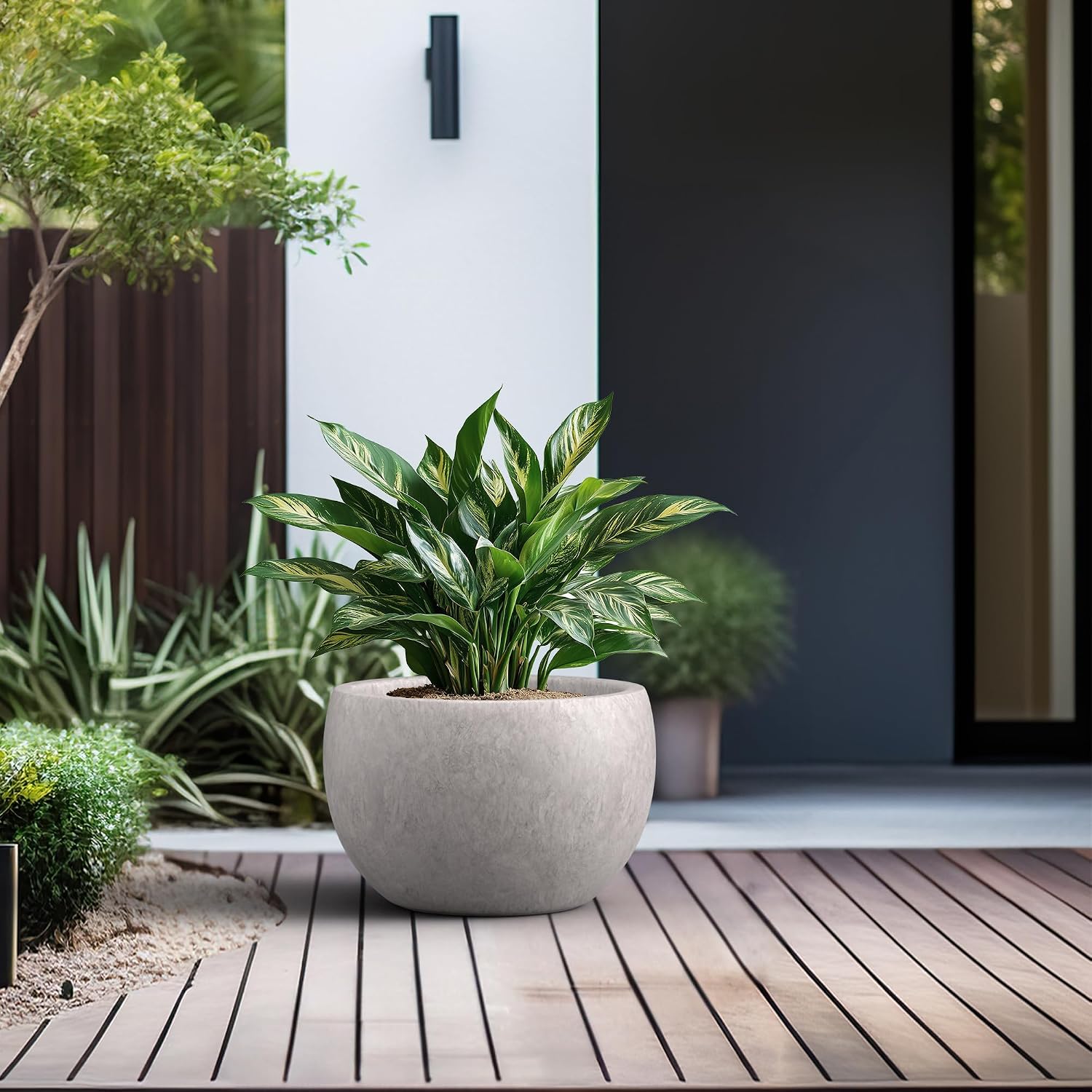 Kante Accent Round Bowl CON Gray Concrete Planter 15.7" Dia, Outdoor | Rubber Plug for Indoor, Drainage for Garden