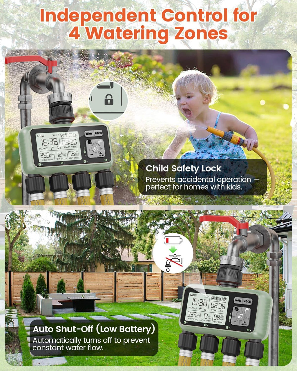 4 Zone Sprinkler Timer, Programmable Water Timer for Garden Hose | 4 independent zones, programmable watering, rain