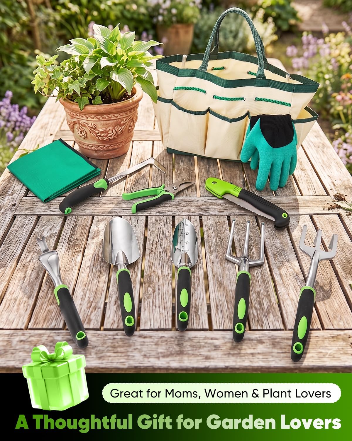 Garden Tool Set Gardening Tools - Heavy Duty Aluminum Tool Kit with Non-Slip Handle, Gardening Gloves and Tool Bag for