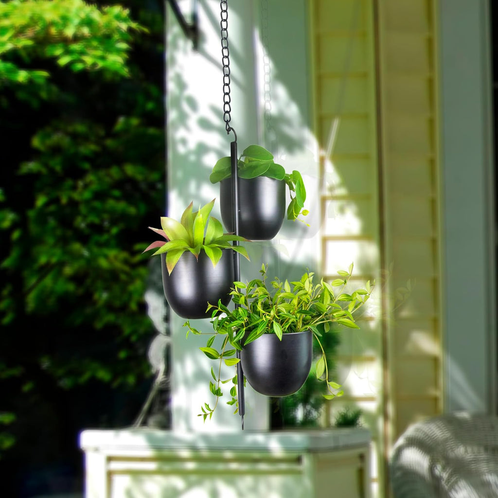 3-Tier Metal Hanging Planter with 6 Inch Oval Pots - Black Modern Triple Tiered Plant Hanger - Vertical Stackable Wall