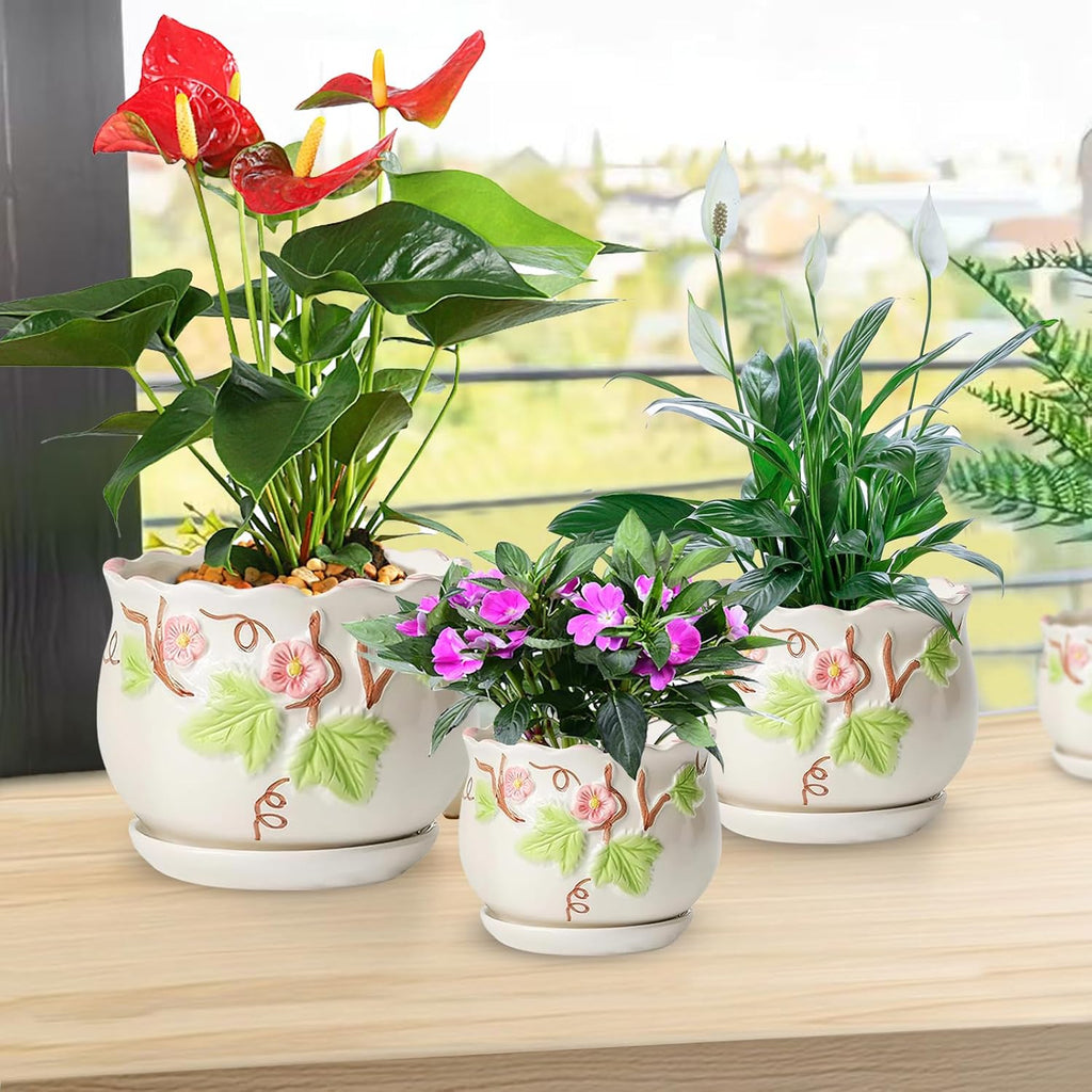 3 Piece Ceramic Plant Pots with Drainage Hole and Saucer,6.7/5.1/3.9inch,Modern Decorative Planters for Indoor