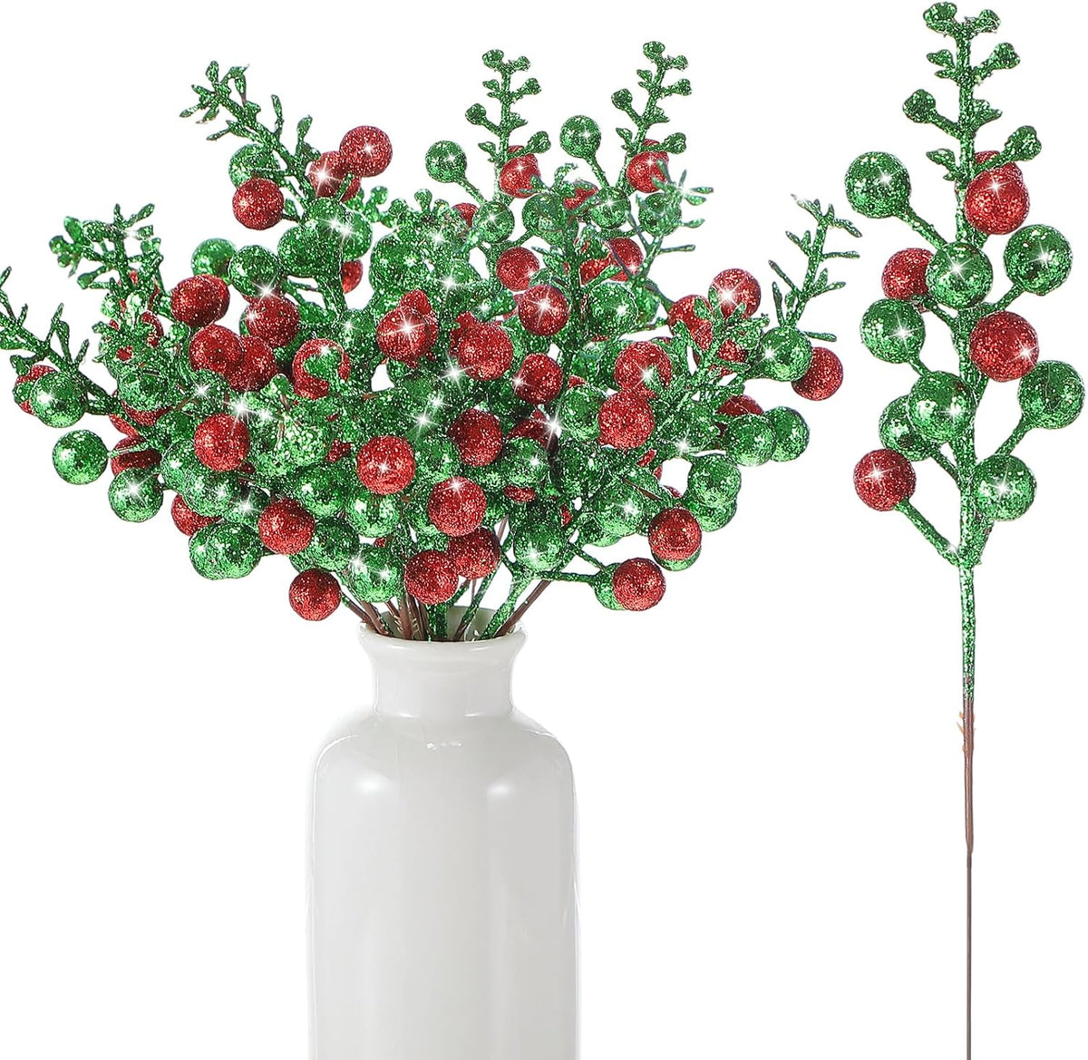 Geosar 36 Pcs Christmas Glittered Berries Stems, Red, Green