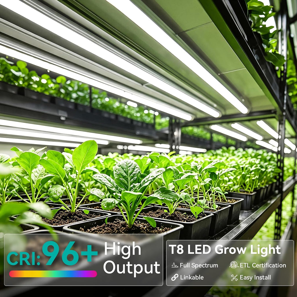 JESLED 4FT Grow Lights, 5000K Full Spectrum Sunlight White, V-Shaped Beam | 96W(2 X 48W), 600W Equiv, On/Off Switch, T8