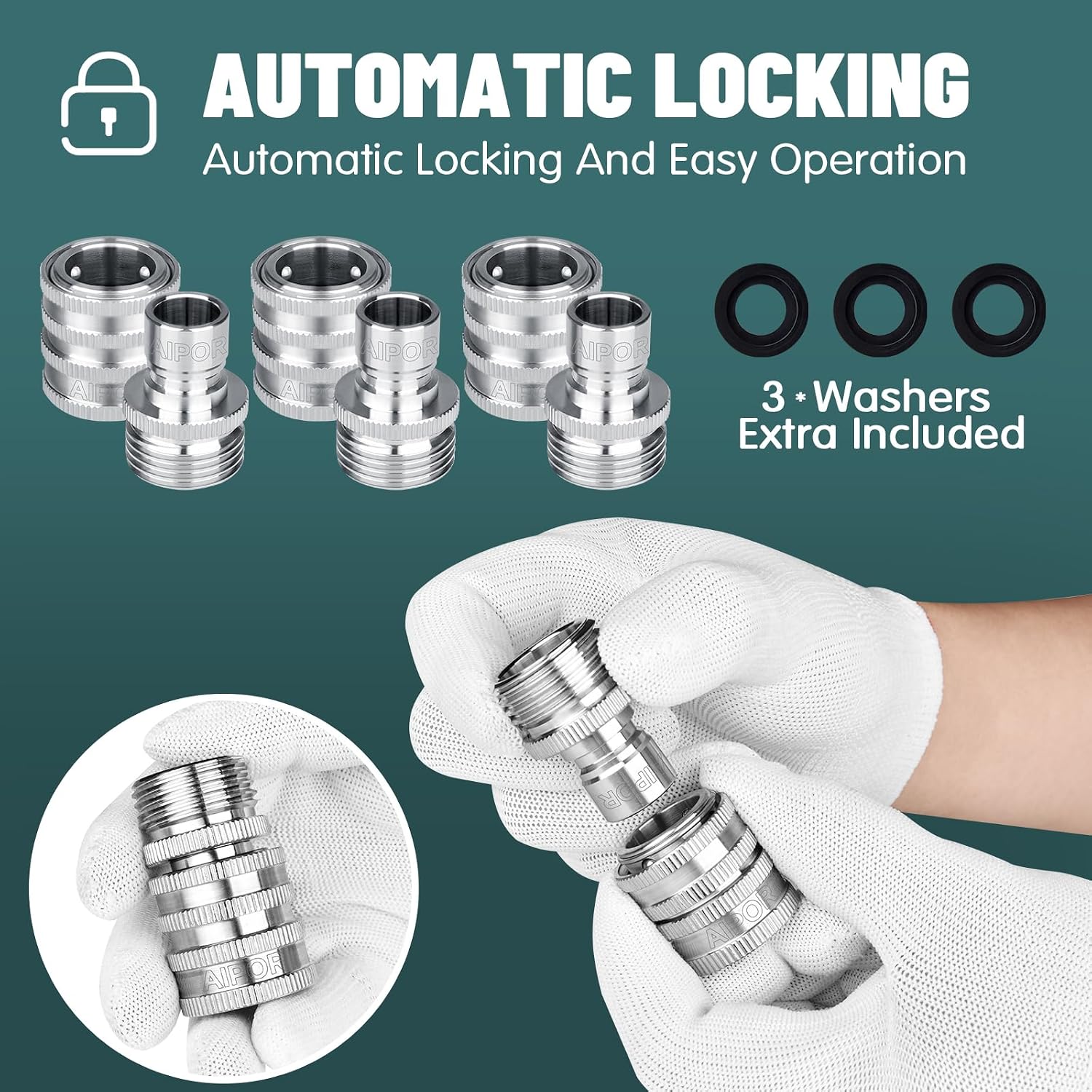 3 Pack Upgraded Version Quick Connect Hose Fittings, Stainless Steel Garden Hose Quick Connector, Universal Fit 3/4