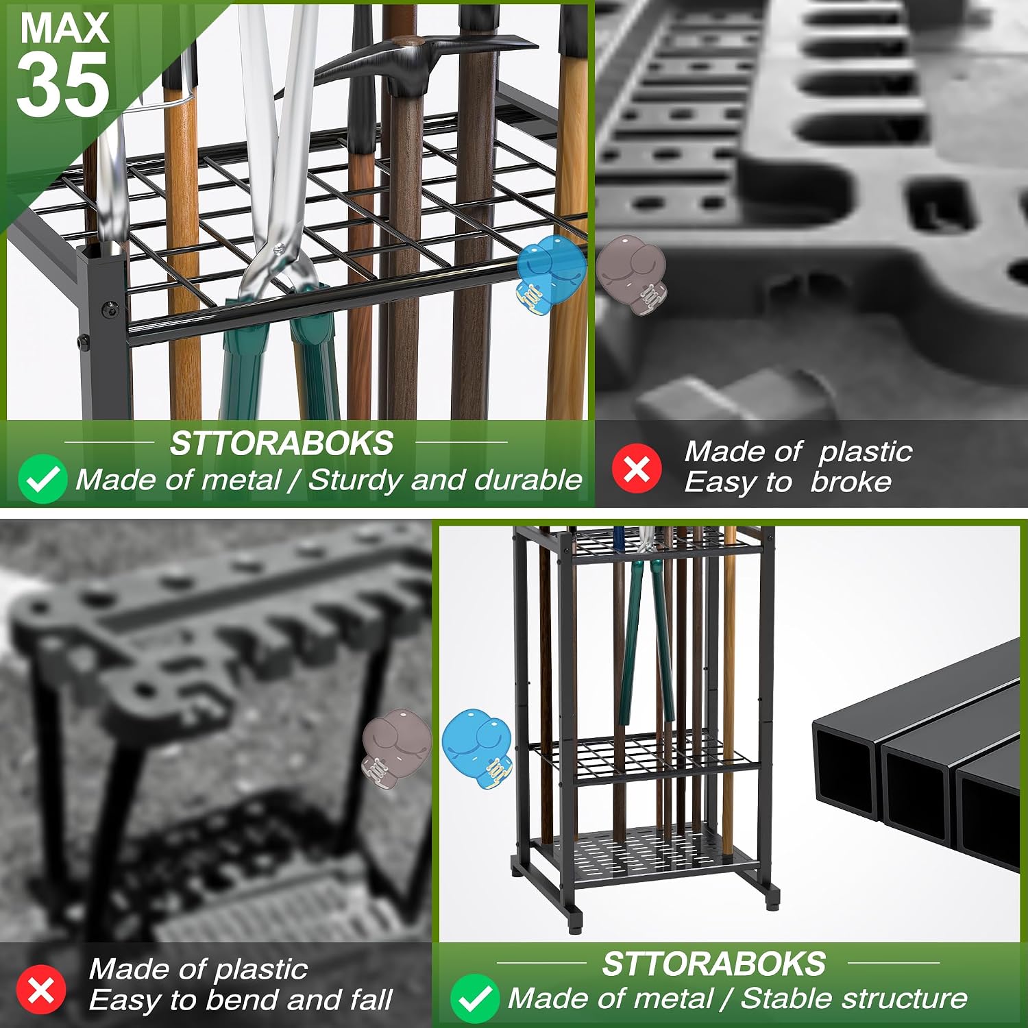Garden Tool Organizer, Garage Tool Organizer & Garage Organization, Heavy Duty Steel Tool Storage Rack Holds 35 Rakes
