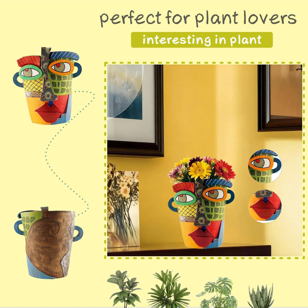 Picasso Abstract Face Flower Pot,Unique Resin Crafted Planter with Drainage Holes,Interesting Colorful Planter with
