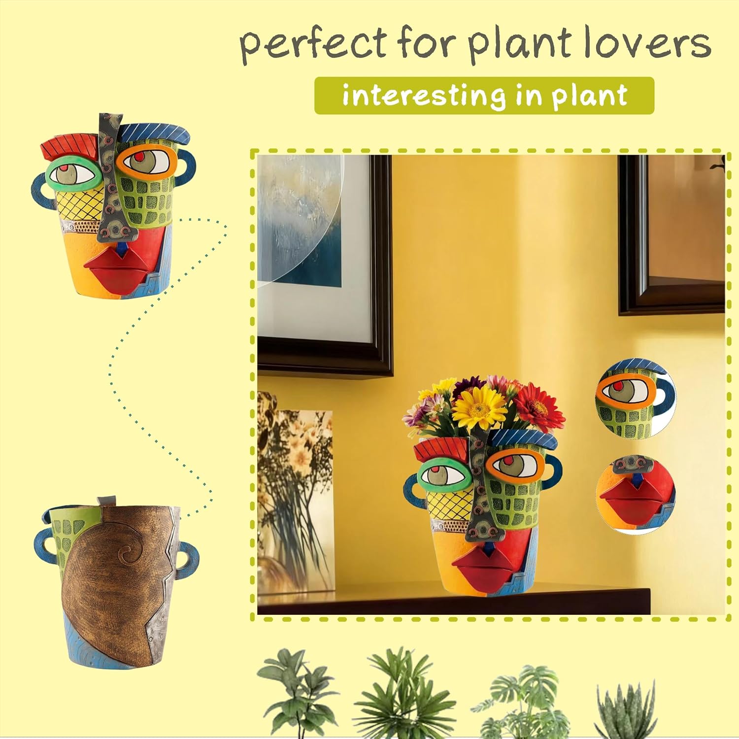 Picasso Abstract Face Flower Pot,Unique Resin Crafted Planter with Drainage Holes,Interesting Colorful Planter with