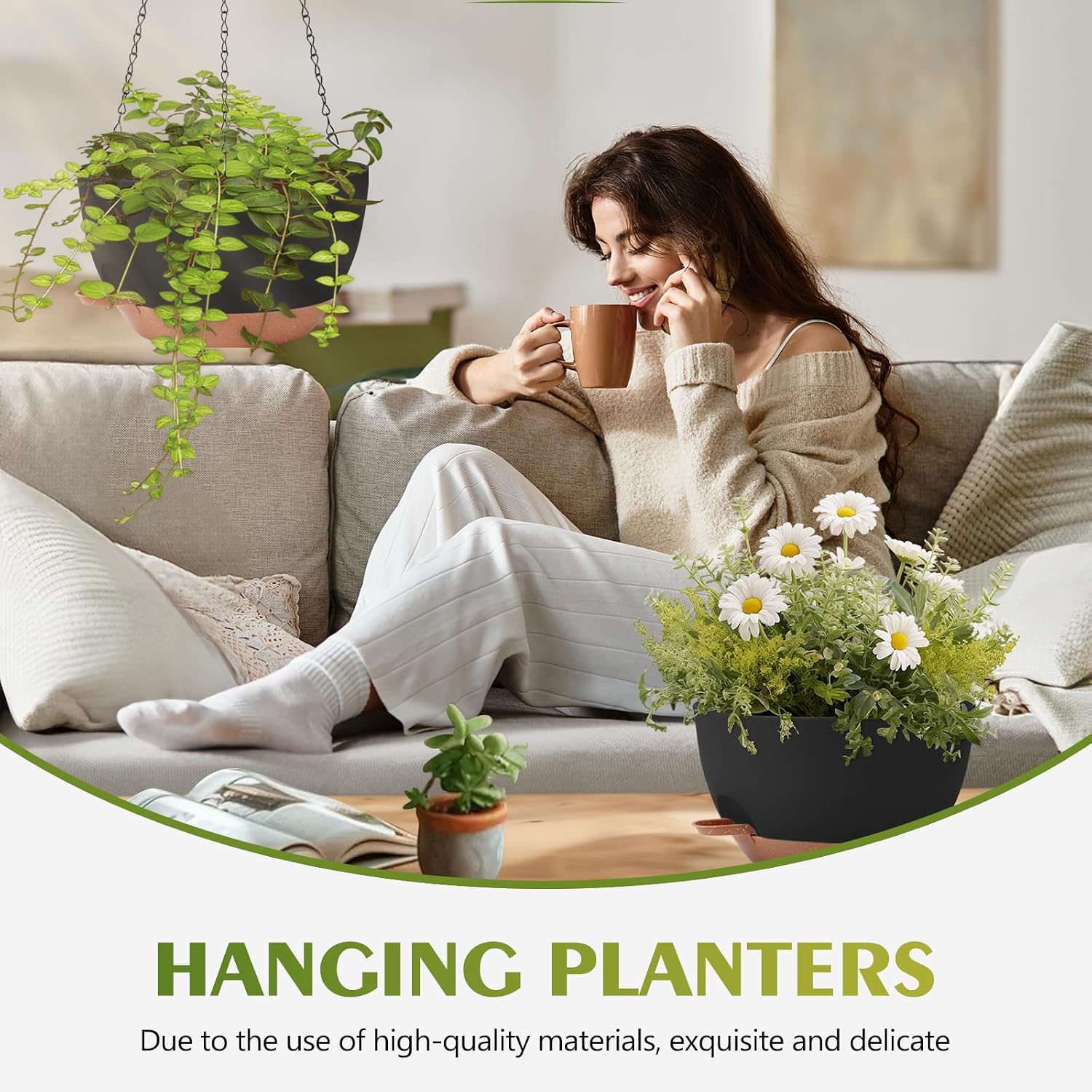 Hanging Planters, Self Watering, Black 12 Inch 2 Pack with Drainage | Indoor Outdoor Use, Removable Drainage Tray