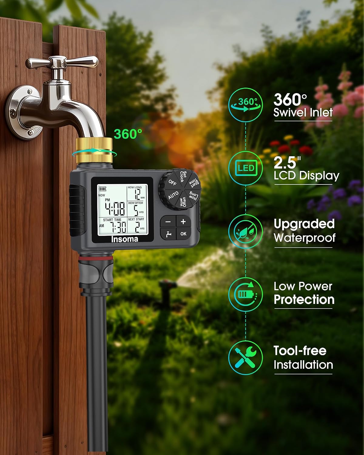 Water Timer for Garden Hose with Brass Inlet, 1 Outlet Sprinkler Timer with Auto/Manual/Rain Delay Mode, Large LCD