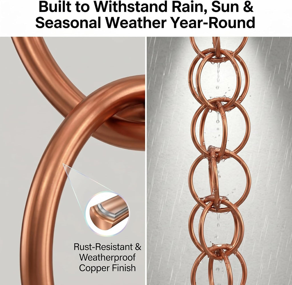 Topadorn 7.7FT Copper-Tone Double Ring Rain Chain | Modern Decorative Metal Downspout Replacement, Adjustable Outdoor