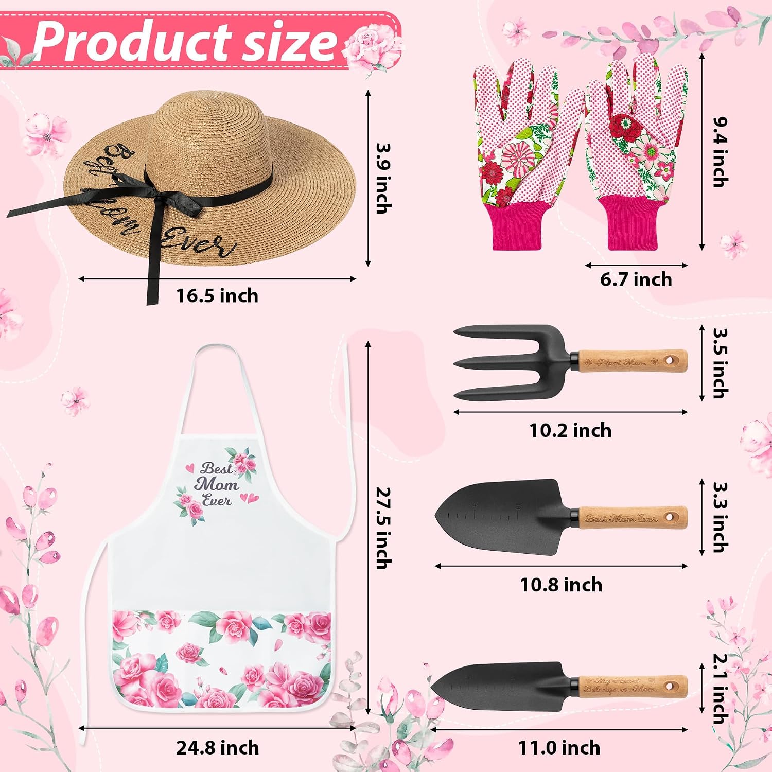 Mom Garden Tools Pink Hand Rake Transplanter Apron Trowel Straw Hat Planting Gloves Gardening Set with Box Outdoor