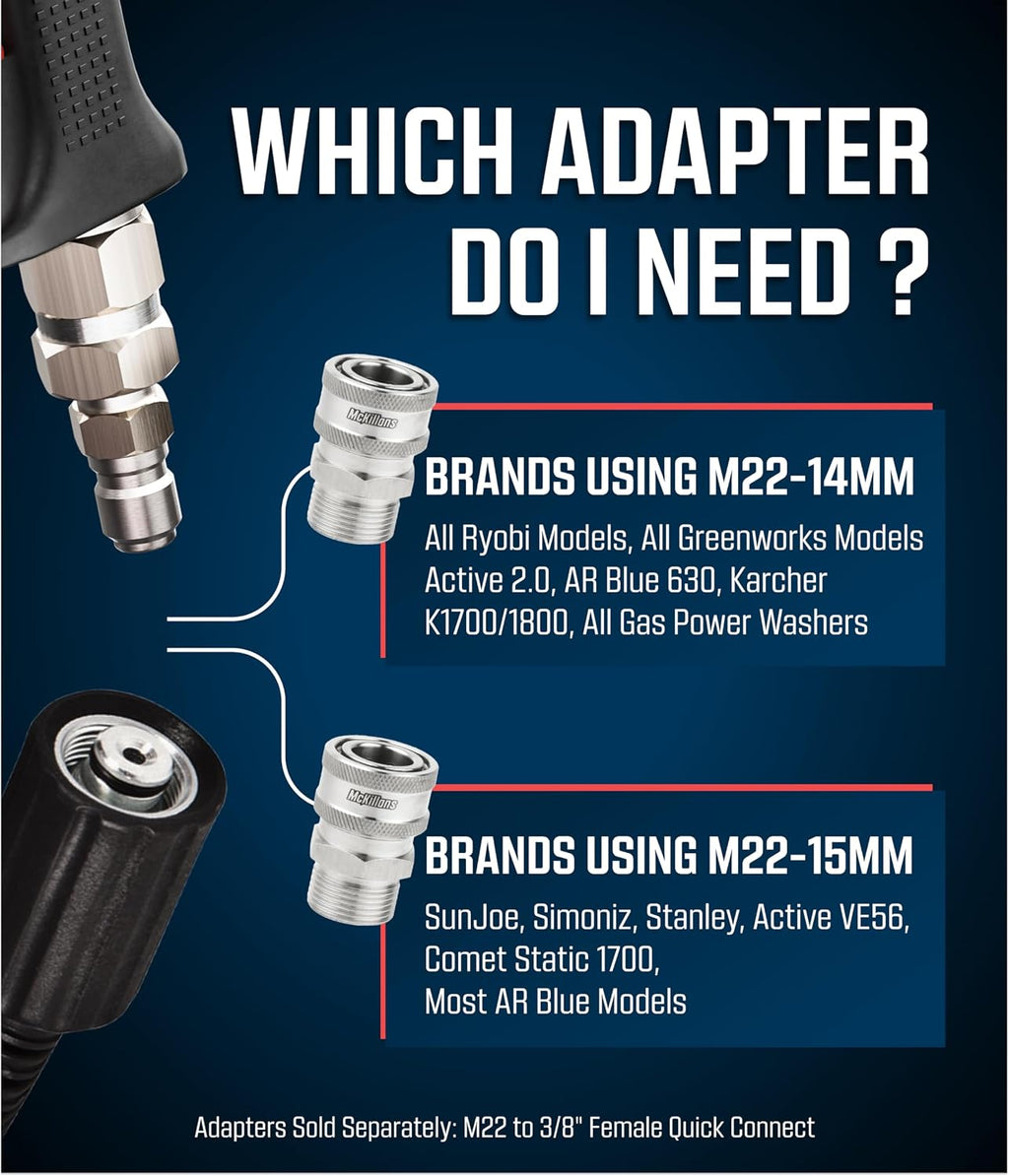 McKillans® M22-14mm Pressure Washer Quick Connect Kit, M22-14mm to 3/8" Male Female Quick Disconnect Kit for Power
