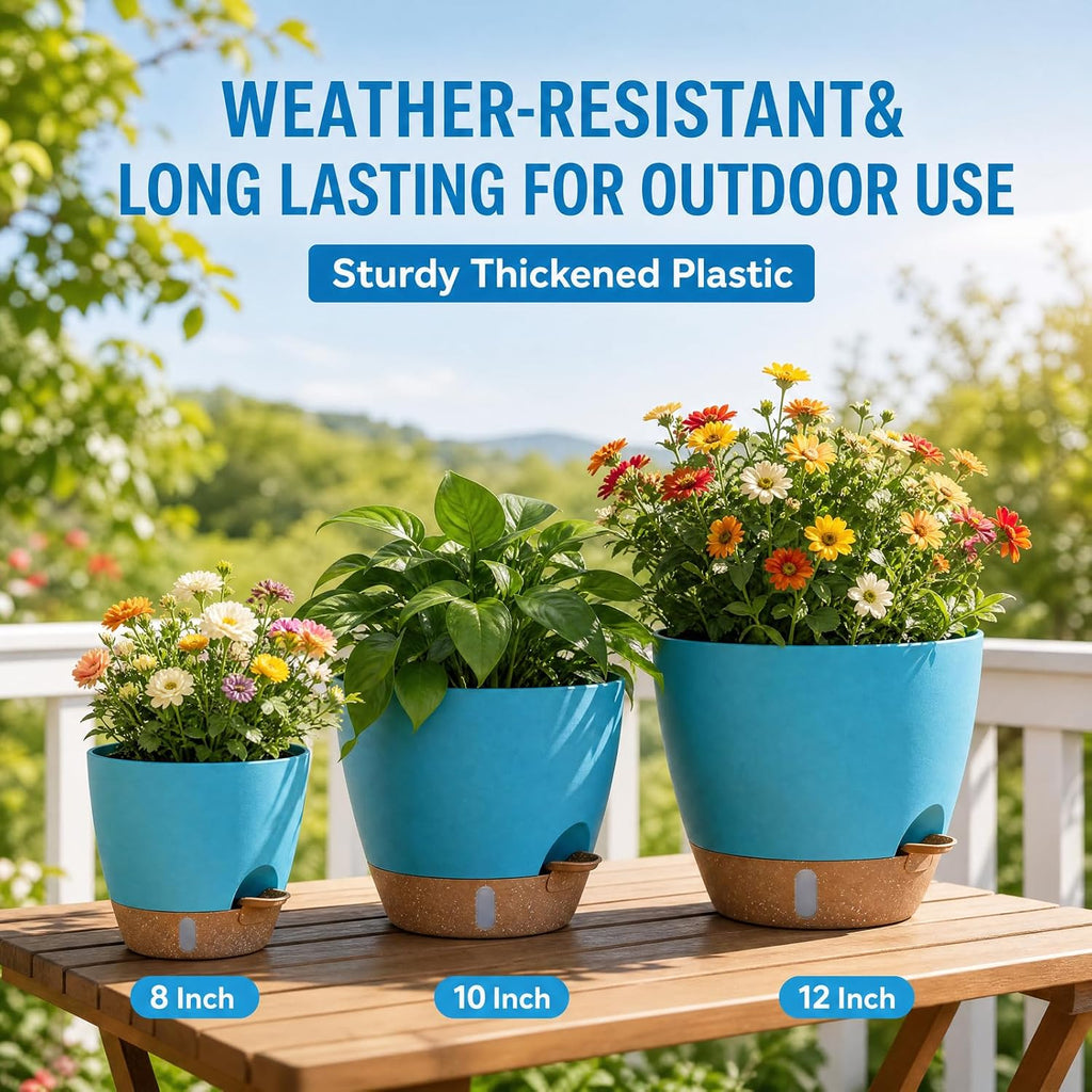 Ecolley Plant Pots 8/10/12 Inch Self Watering Pots, Set of 3 Plastic Planters with Drainage Holes and Saucers,Plastic