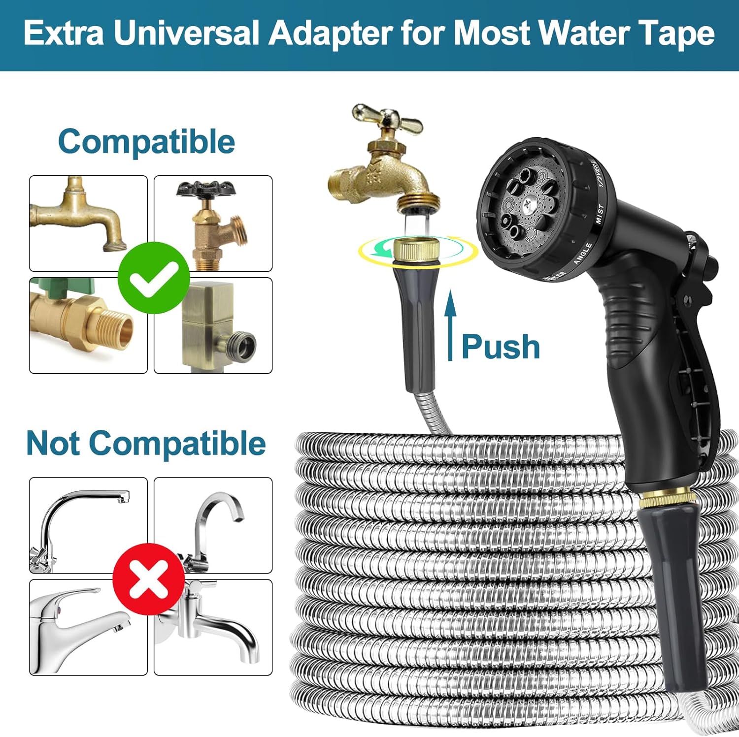 Stainless Steel Garden Hose 50ft Heavy Duty Metal Water Hoses with 10 Function Water Hose Nozzles for Yard Outdoor