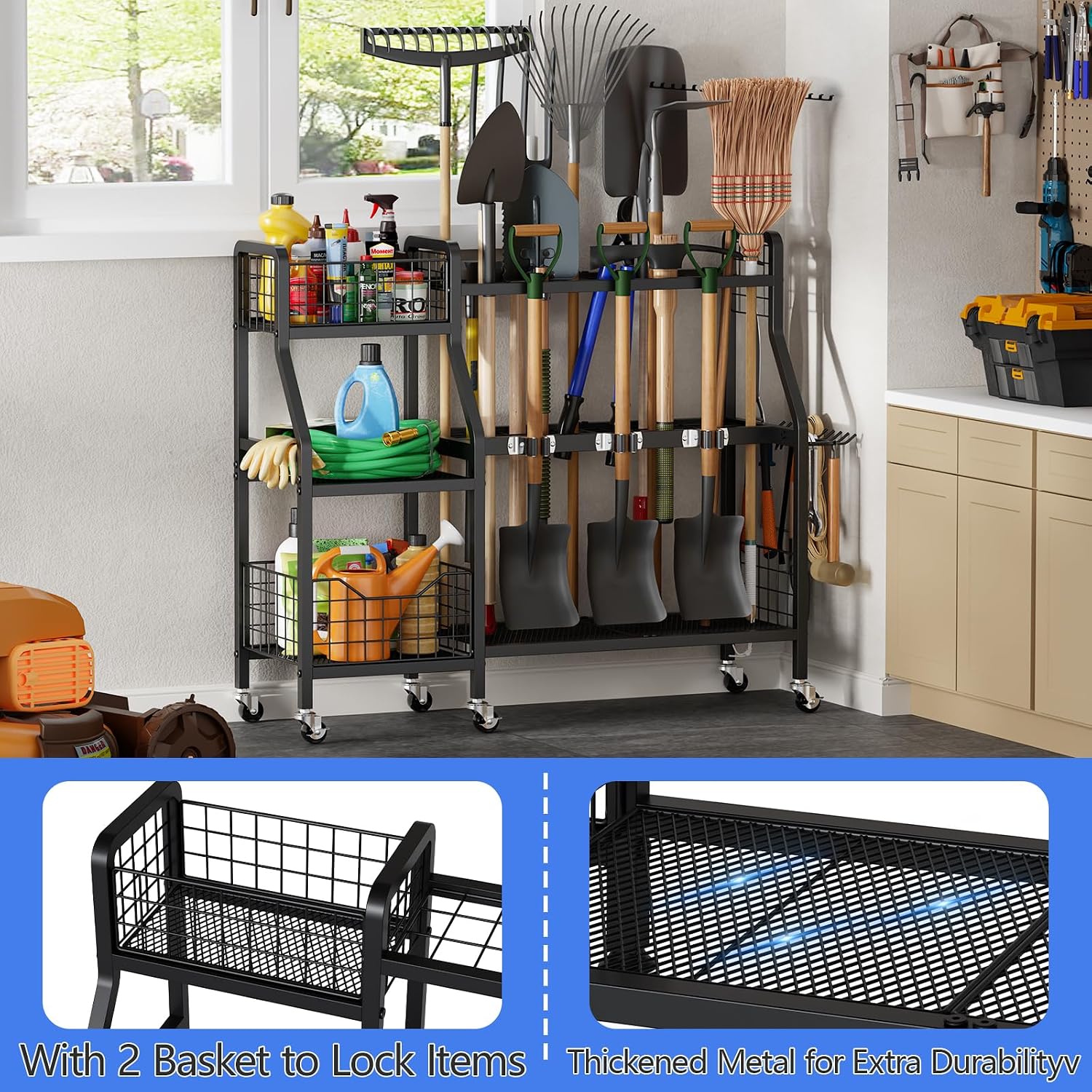 keomaisyto Heavy-Duty Garden Tool Organizer with 6 Wheels and 2 Baskets | 3 Lockable Casters, Large Metal Yard Tool