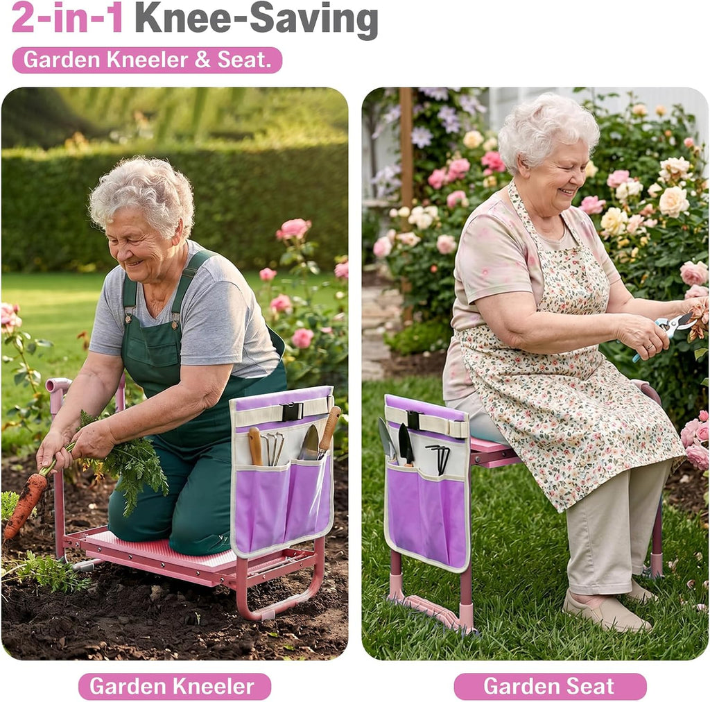 Garden Kneeler and Seat Heavy Duty, Foldable Gardening Stool Bench | With Widened Thick Soft Kneeling Pad & Tool
