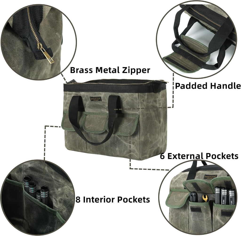15 Inch Tool Bag, Heavy Duty Waxed Canvas Wide Mouth Water-Resistant Tool Pouch, Garden Tool Tote with 15 Pockets